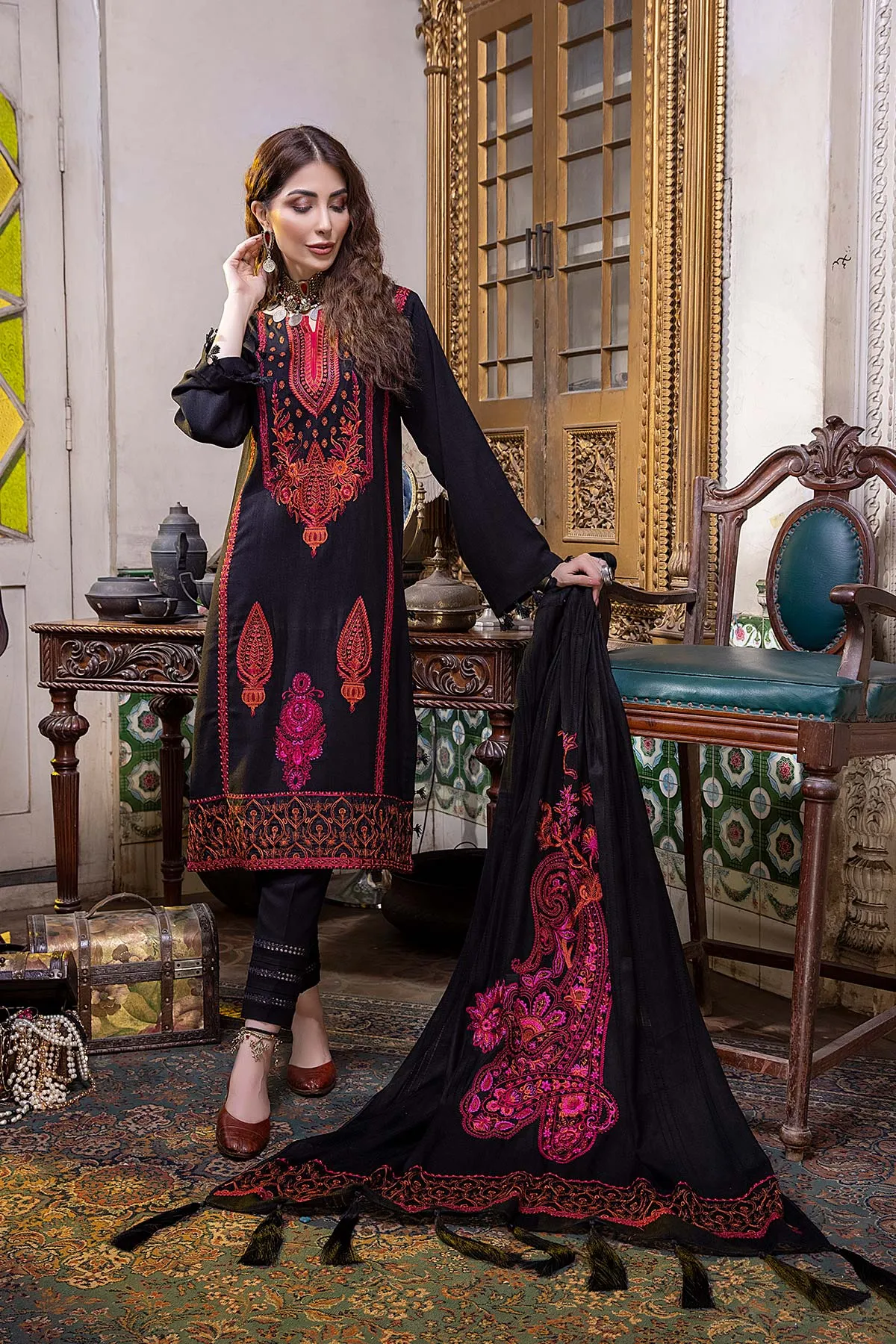 3 Pc Embroidered Leather with Woven Shawl PS-01