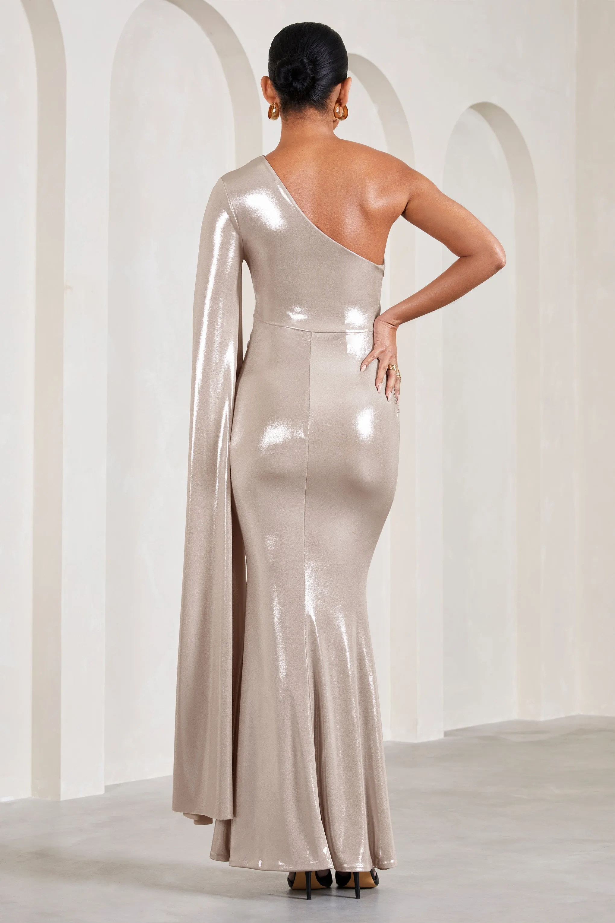 Amara | Gold Metallic One-Shoulder Maternity Maxi Dress With Cape