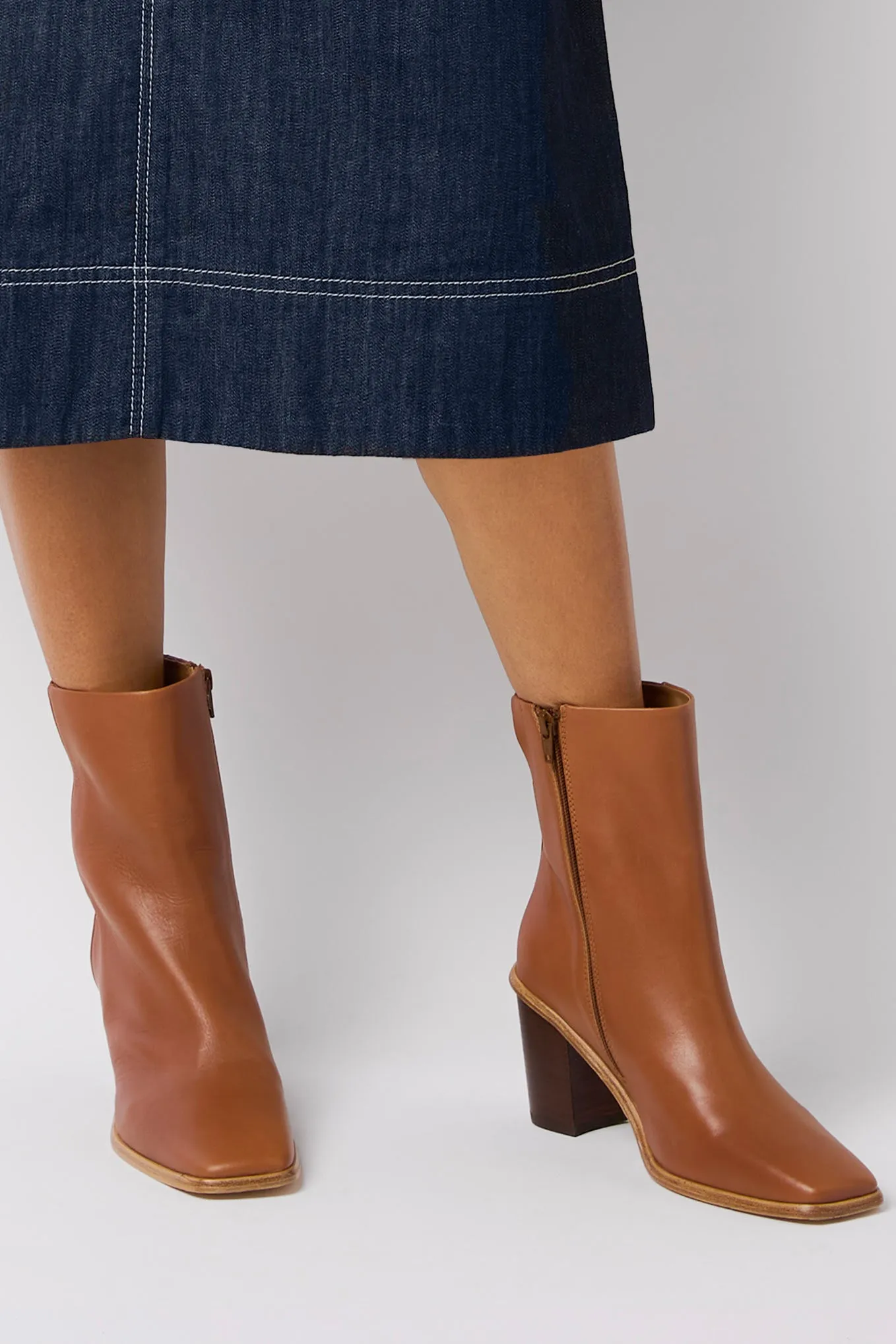 Angela Square Toe Leather Heel Boot - Tan