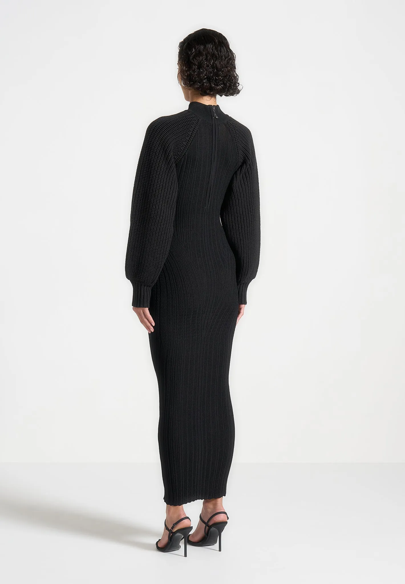 Balloon Sleeve Knitted Contour Maxi Dress - Black