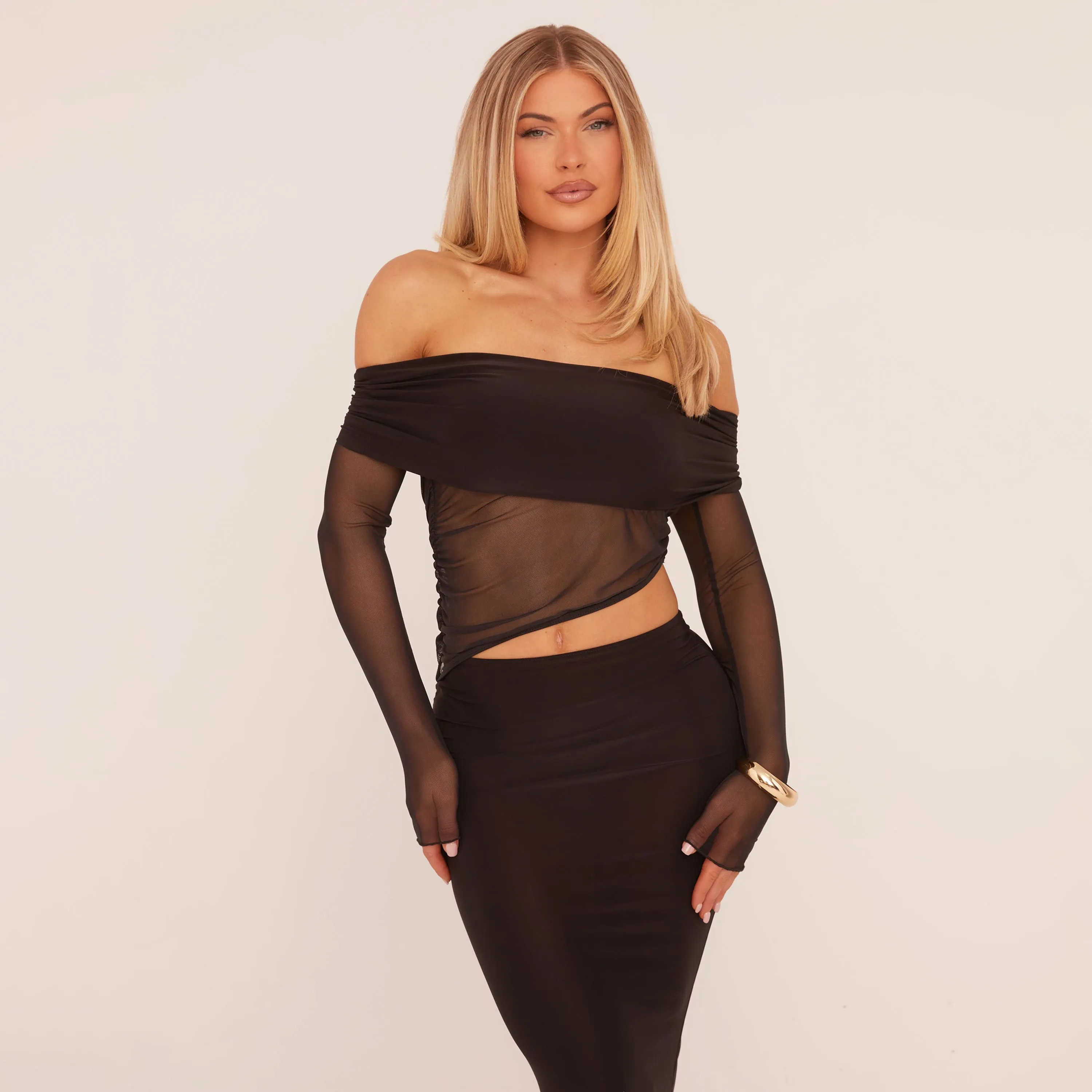 Bardot Long Sleeve Cut Out Detail Maxi Dress In Black Mesh