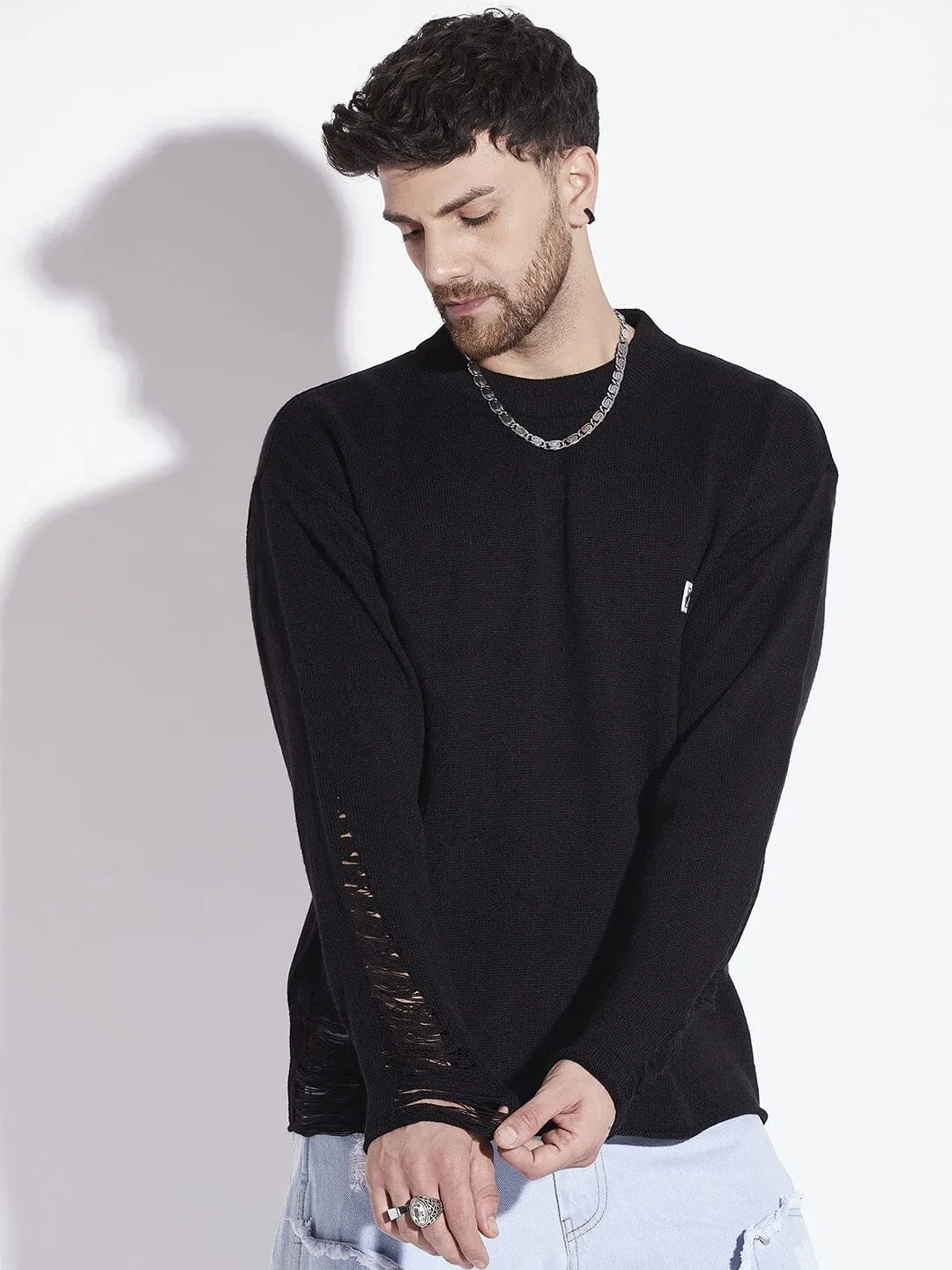 Black Damaged Raw Edge Sweater