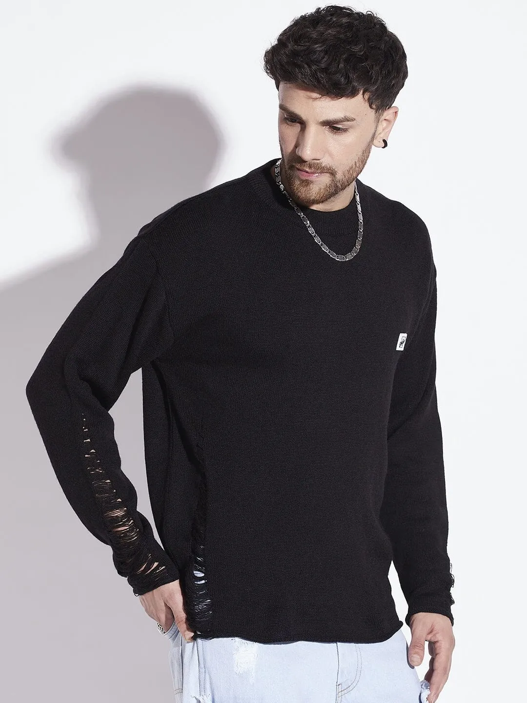 Black Damaged Raw Edge Sweater