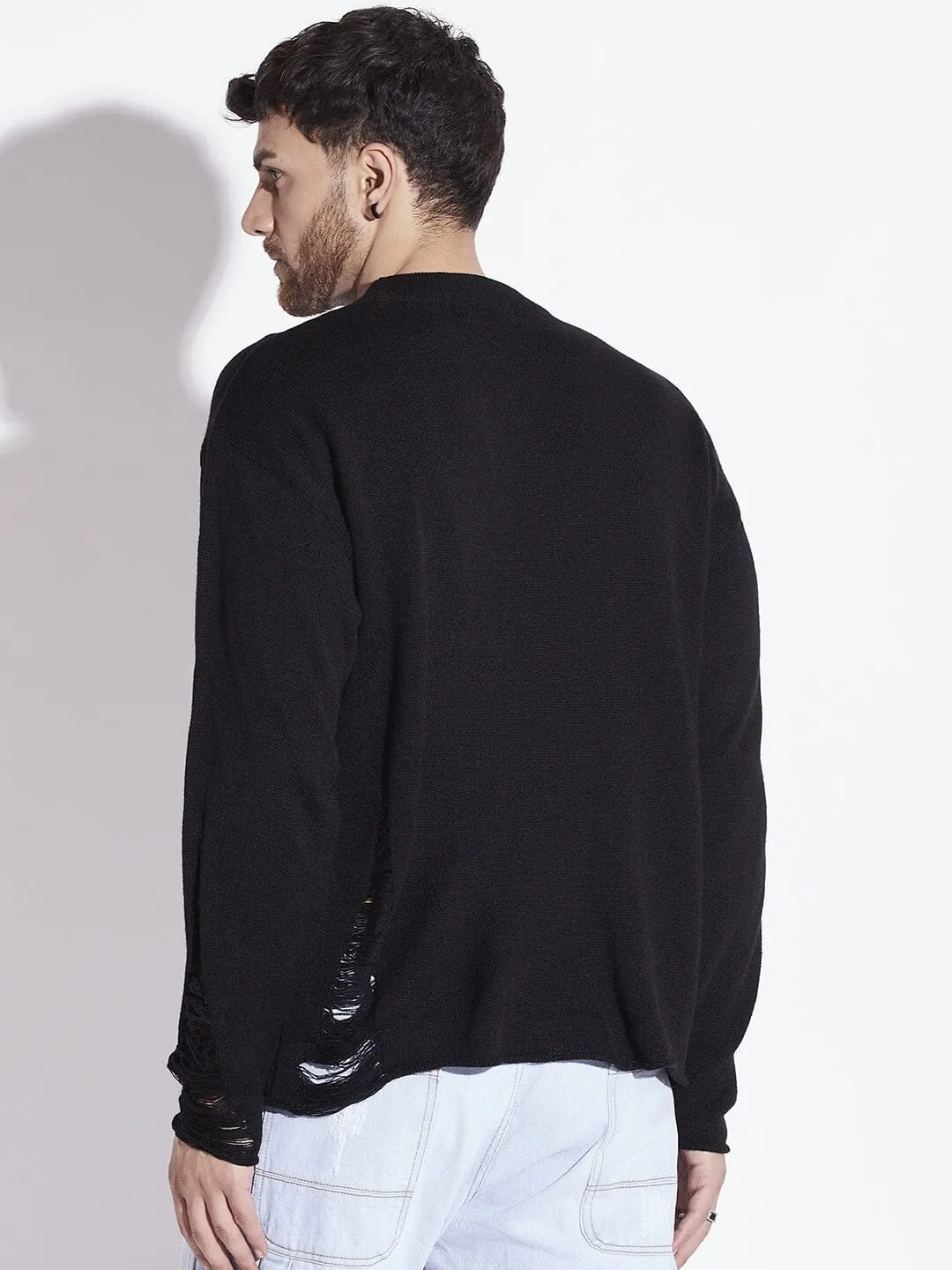 Black Damaged Raw Edge Sweater