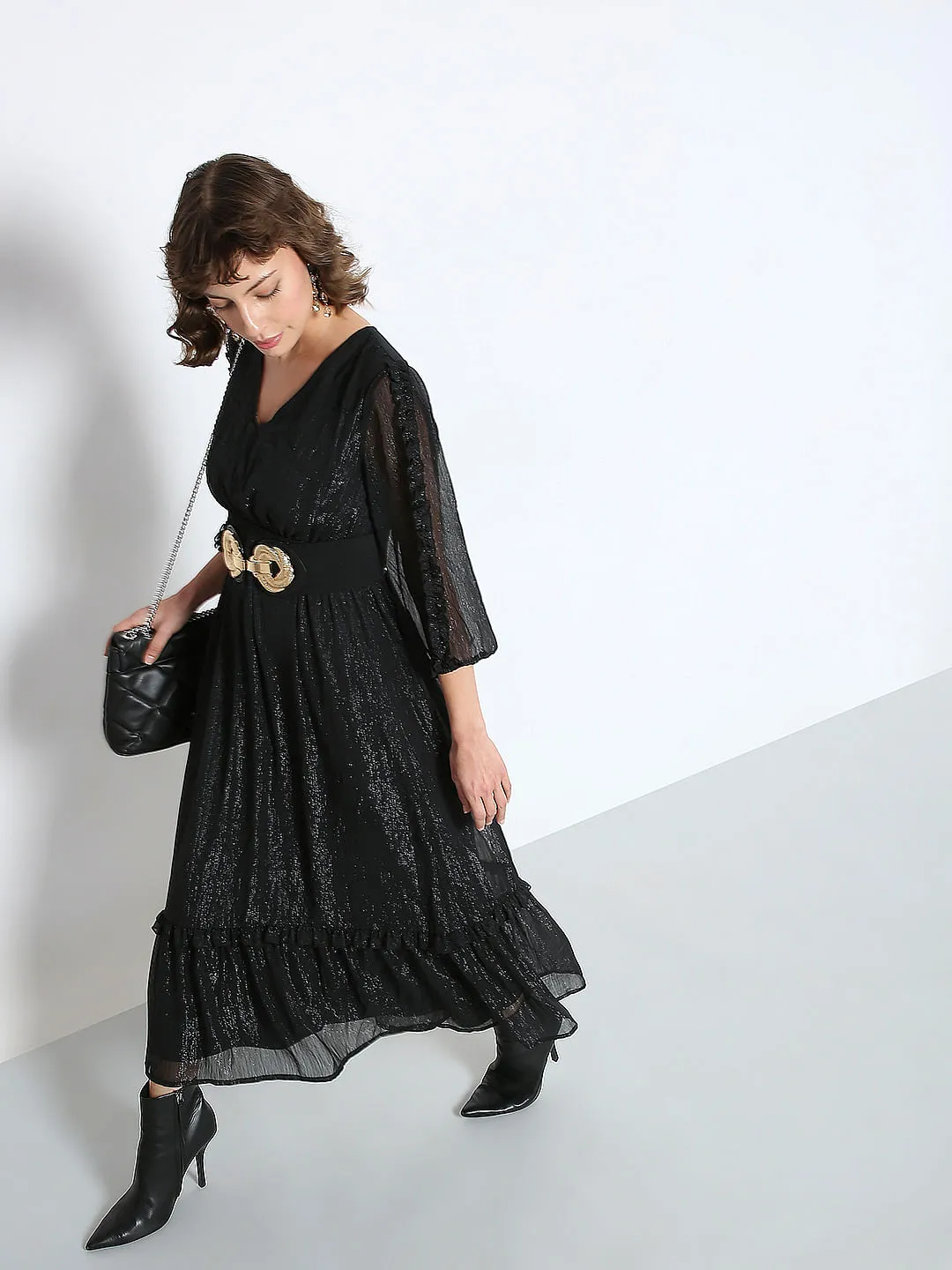 Black Lurex Tiered Maxi Dress