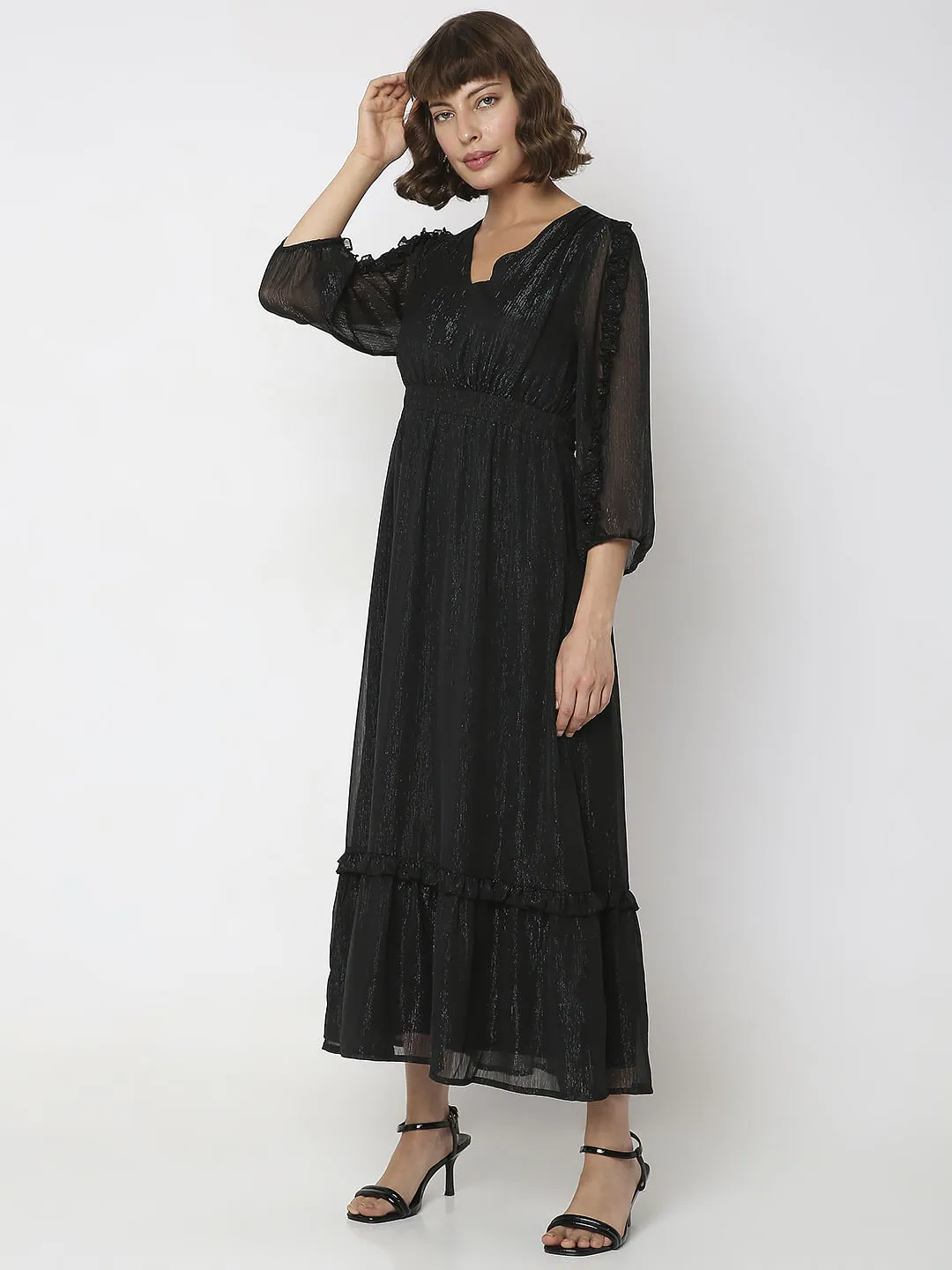 Black Lurex Tiered Maxi Dress