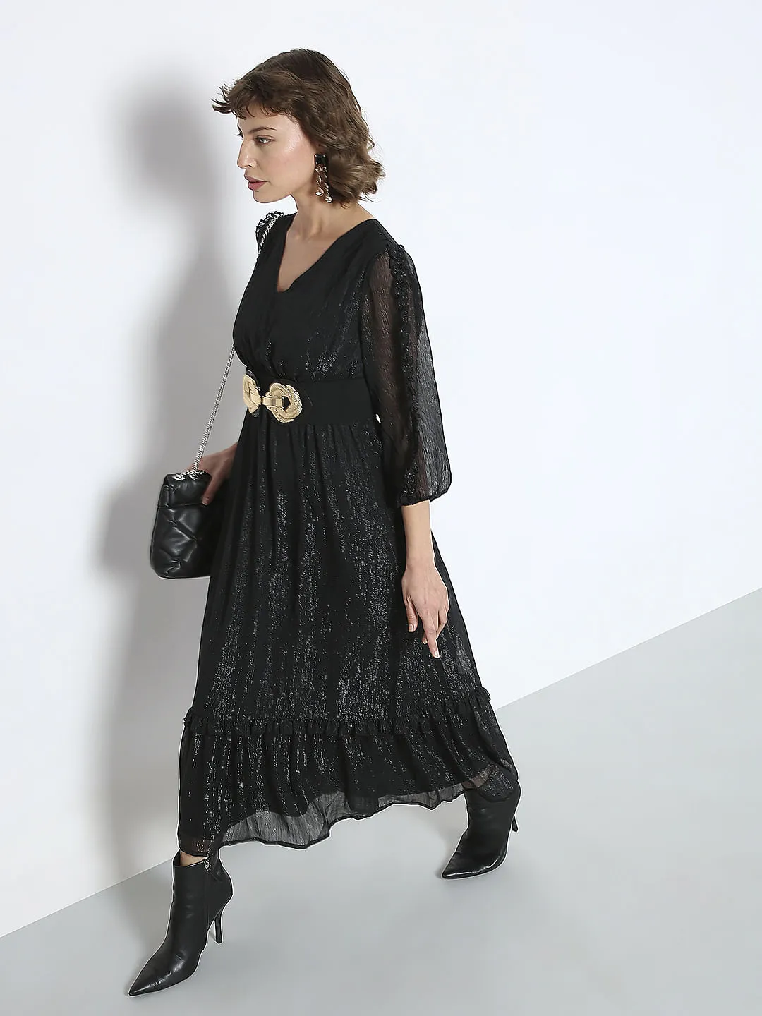 Black Lurex Tiered Maxi Dress