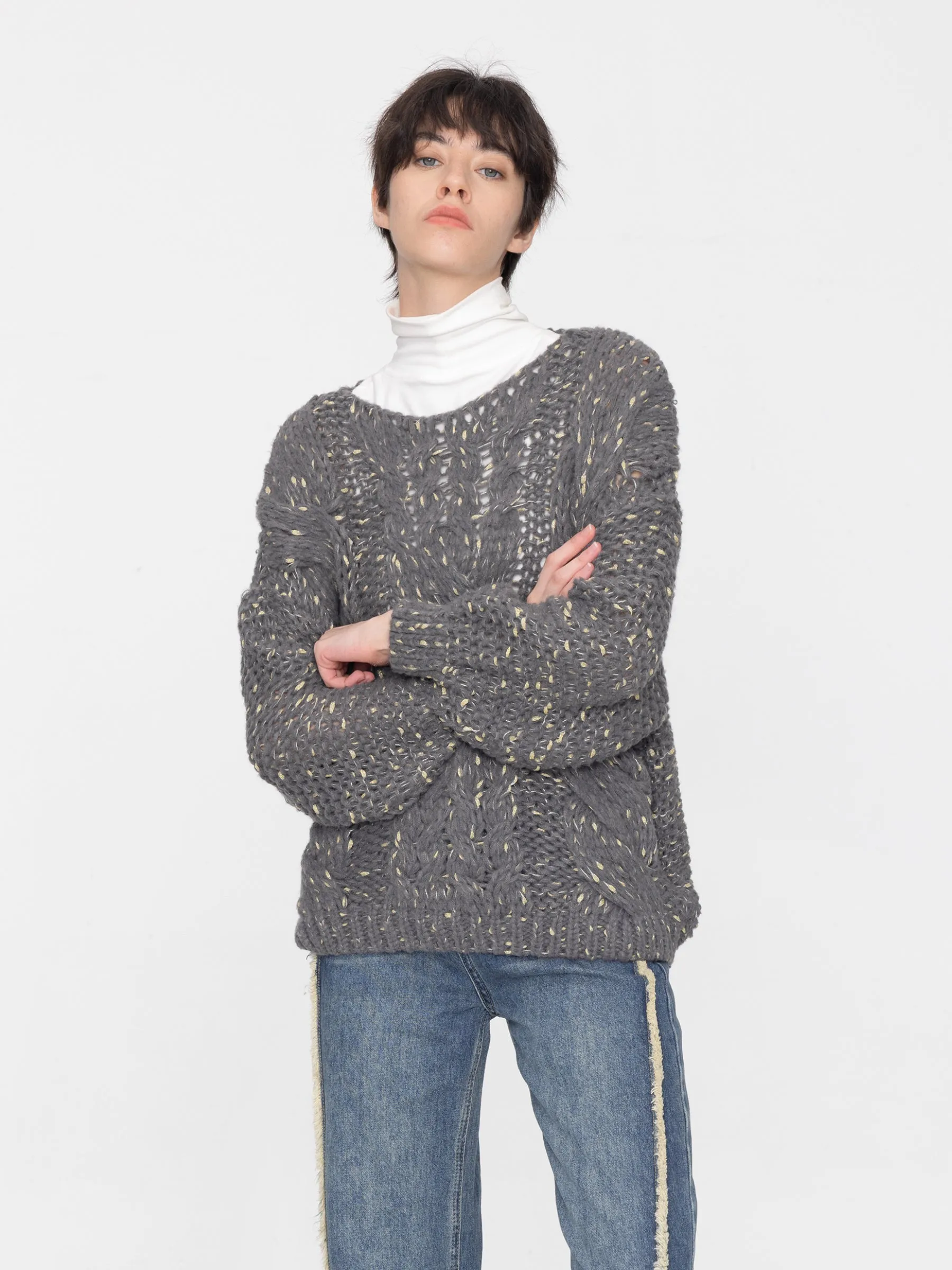 Boat Neck Thick Cable Knit Sweater