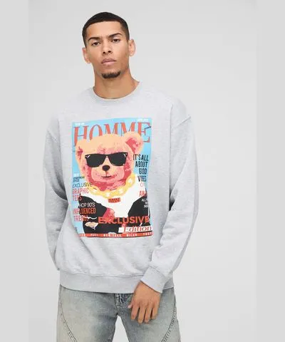 boohoo Mens Oversized Homme Bear Magazine Graphic Sweatshirt