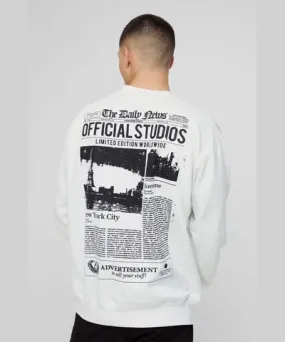 boohoo Mens Oversized Official Studios Newspaper Graphic Sweatshirt