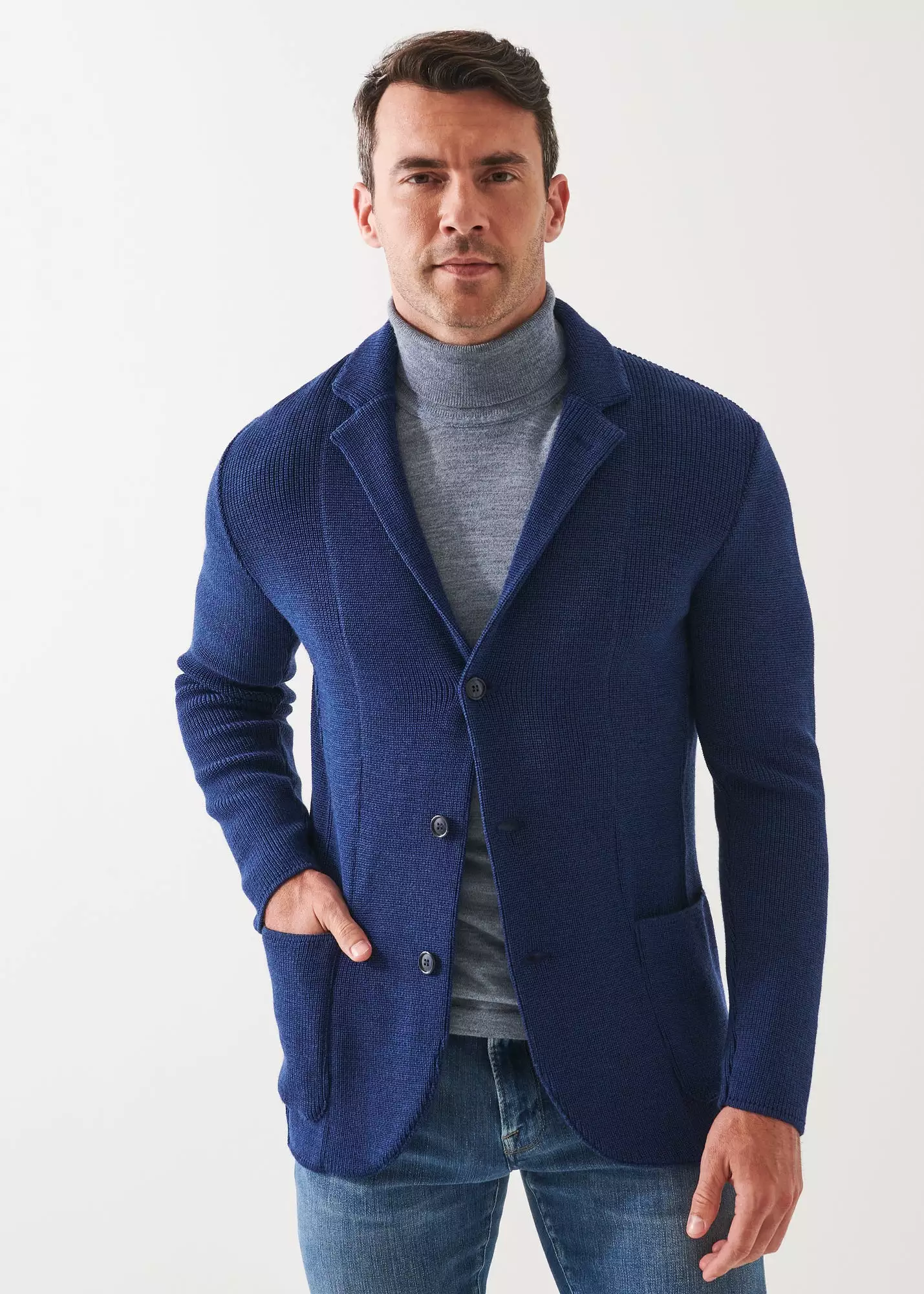 CARDIGAN STITCH MERINO WOOL 3-BUTTON BLAZER