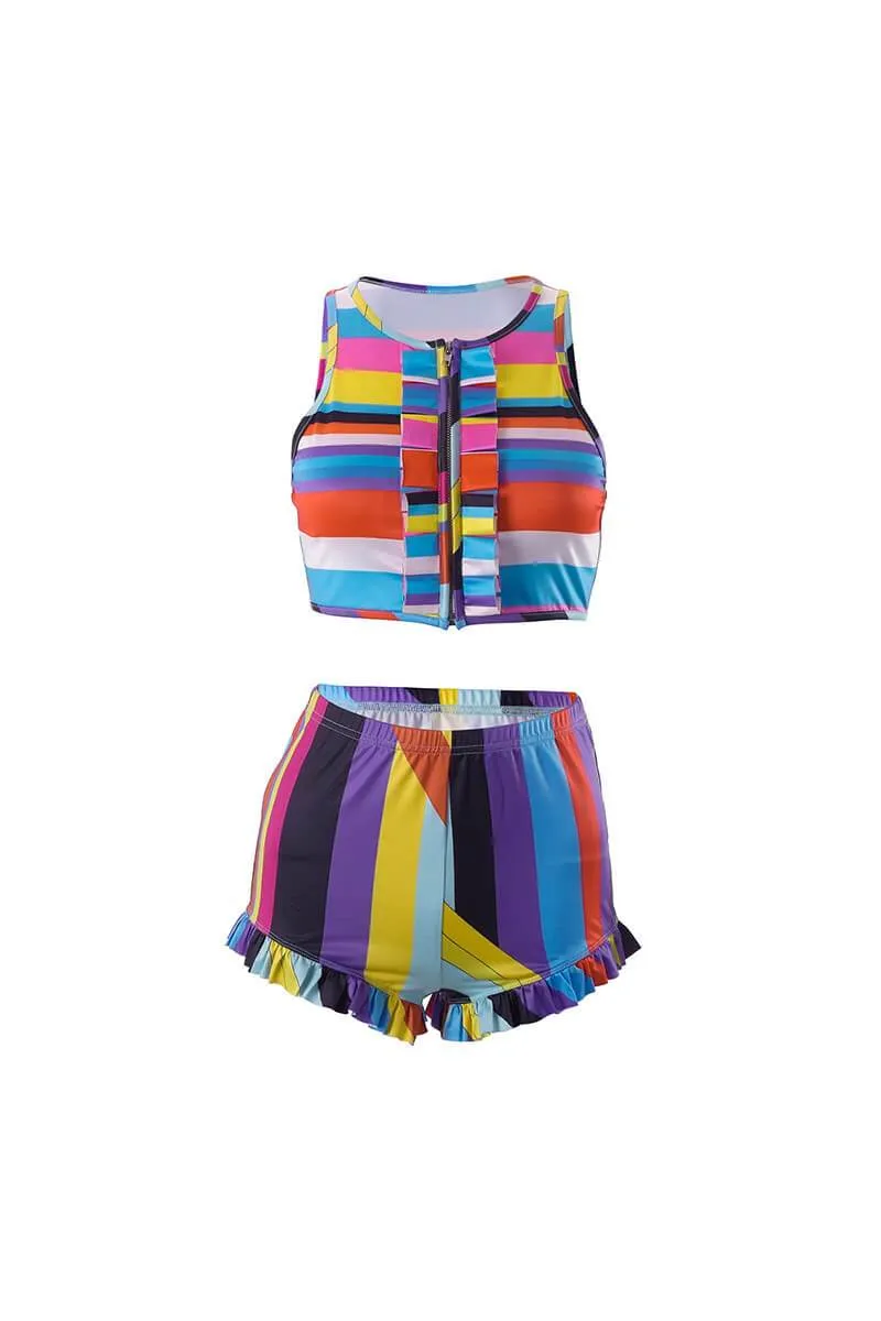 Colorful Frill Trim Sleeveless Crop Top And Matching Shorts