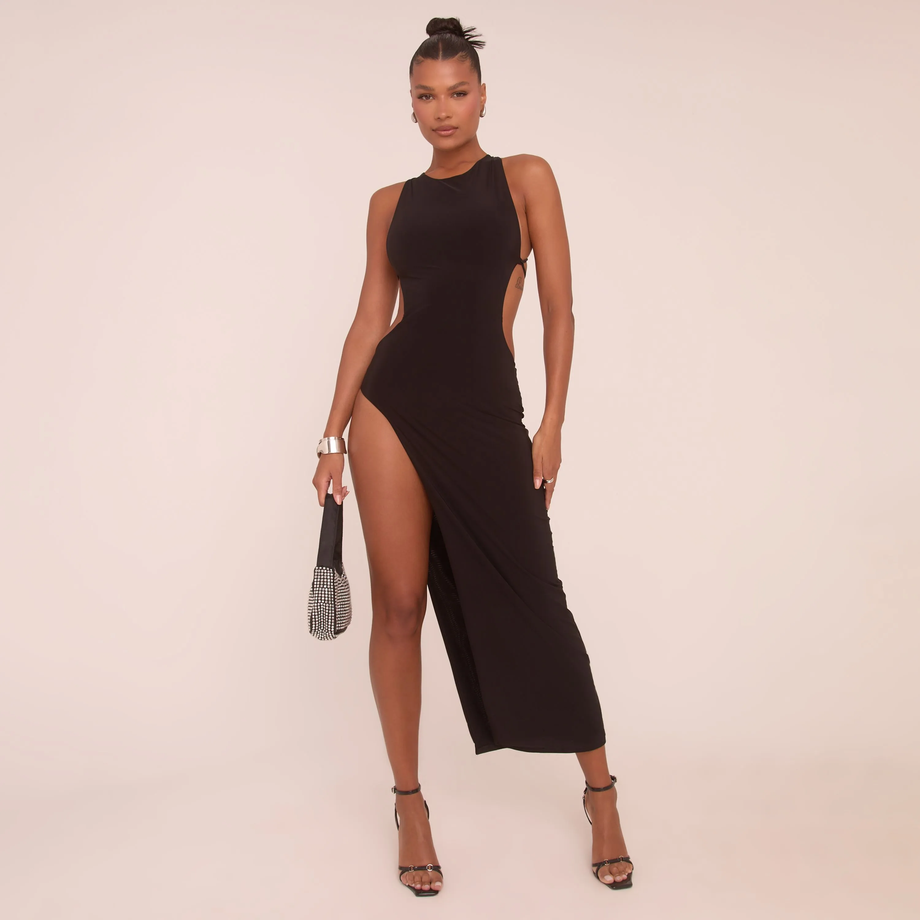 Cowl Halterneck Cut Out Split Leg Maxi Dress In Black Slinky