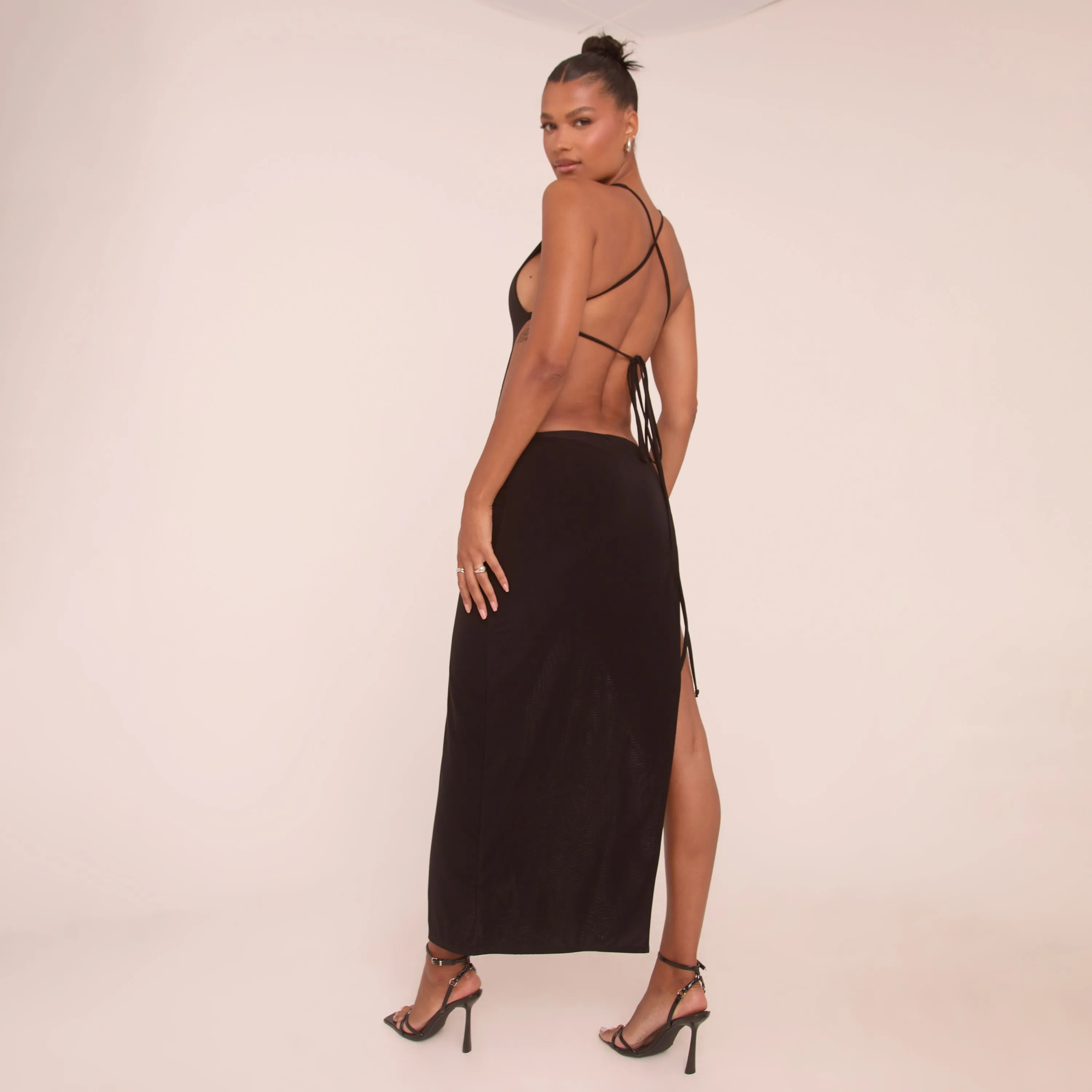 Cowl Halterneck Cut Out Split Leg Maxi Dress In Black Slinky