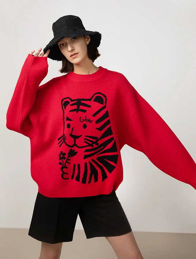 Crew Neck Tiger Jacquard Knit Sweater