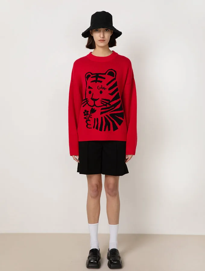 Crew Neck Tiger Jacquard Knit Sweater