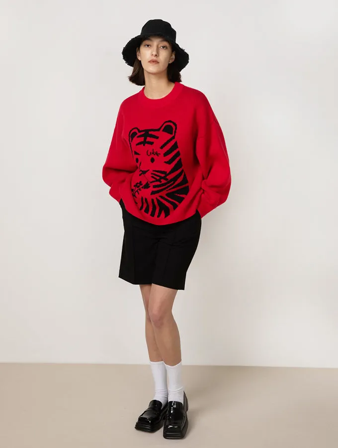 Crew Neck Tiger Jacquard Knit Sweater