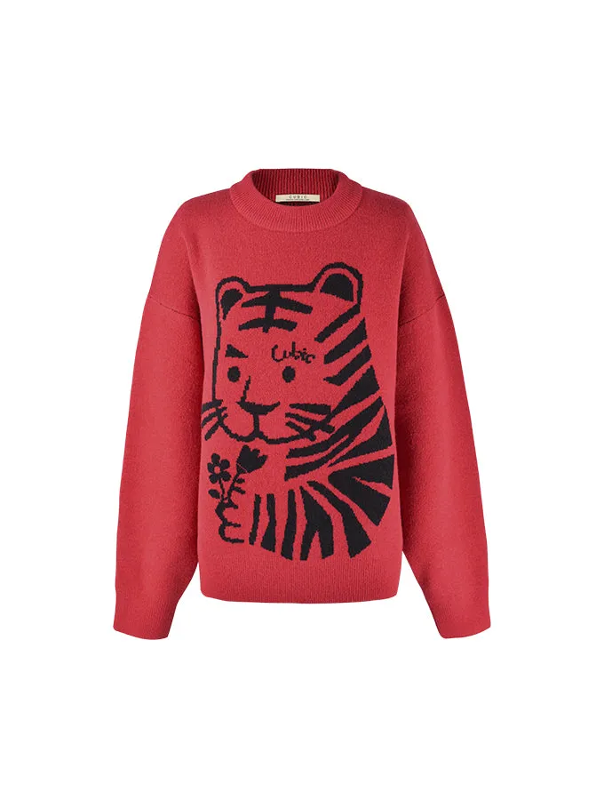 Crew Neck Tiger Jacquard Knit Sweater