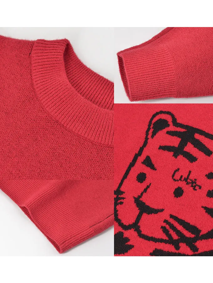 Crew Neck Tiger Jacquard Knit Sweater