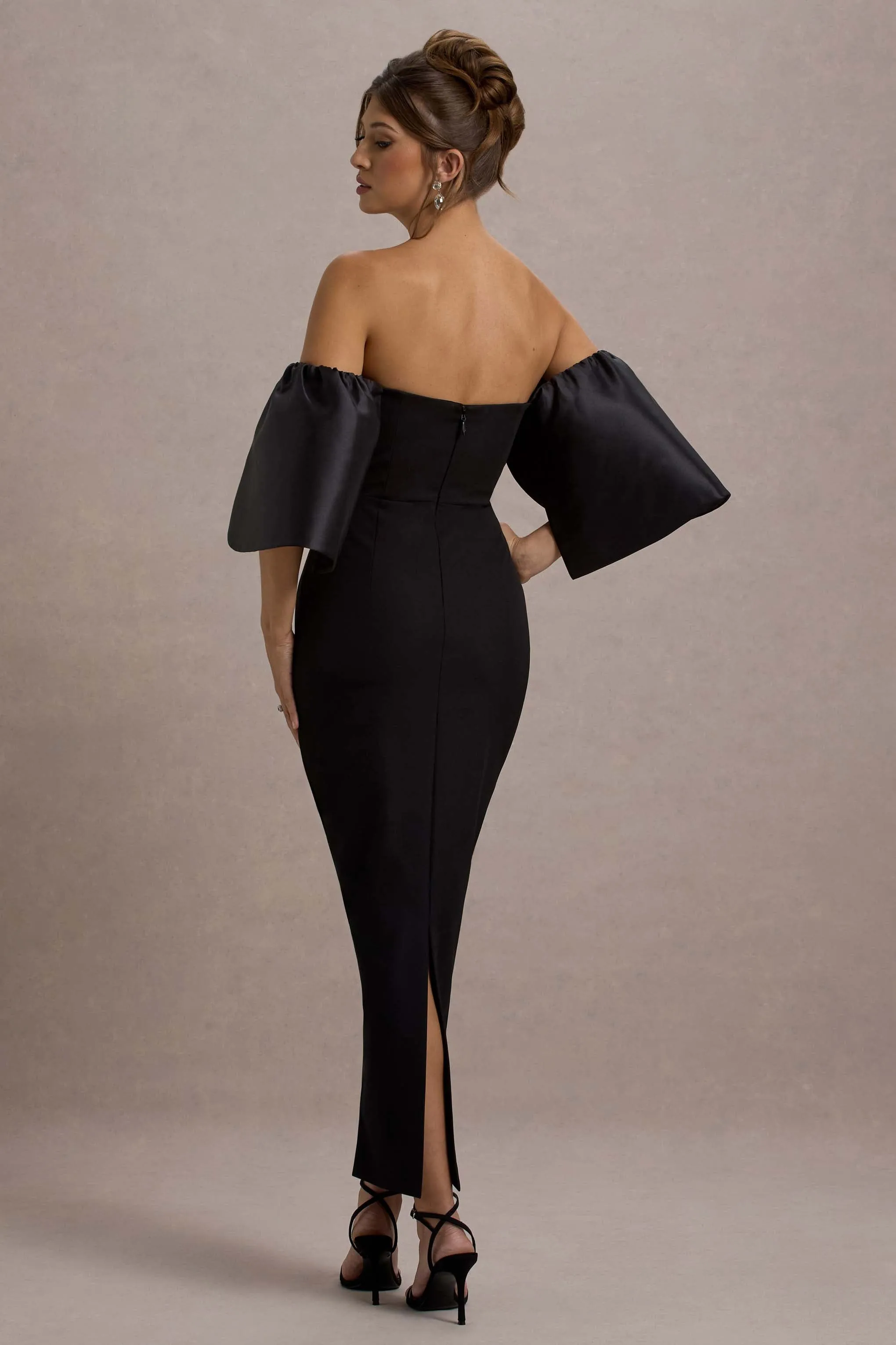 Dalani | Black Corset Maxi Dress With Satin Puff Sleeves