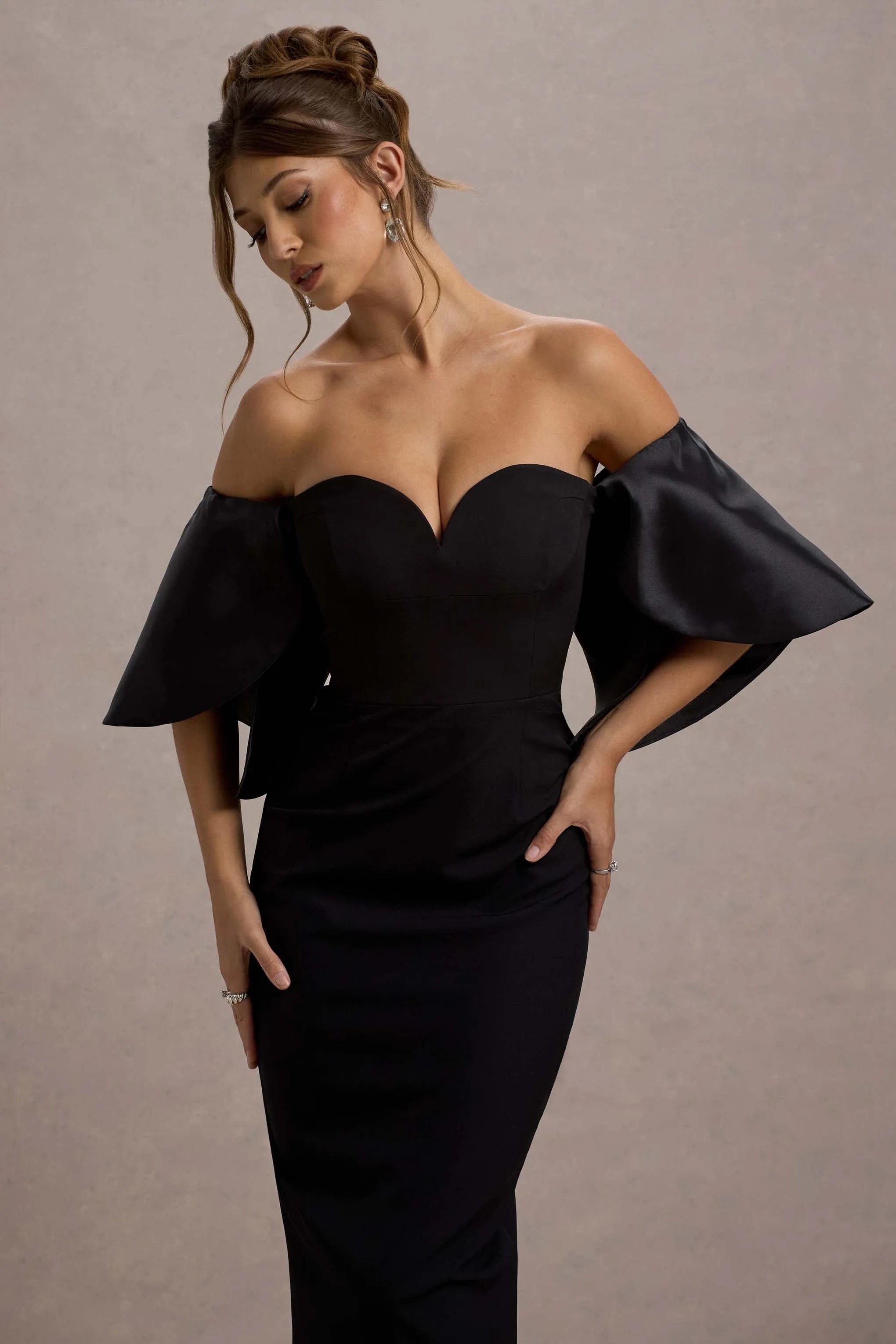 Dalani | Black Corset Maxi Dress With Satin Puff Sleeves