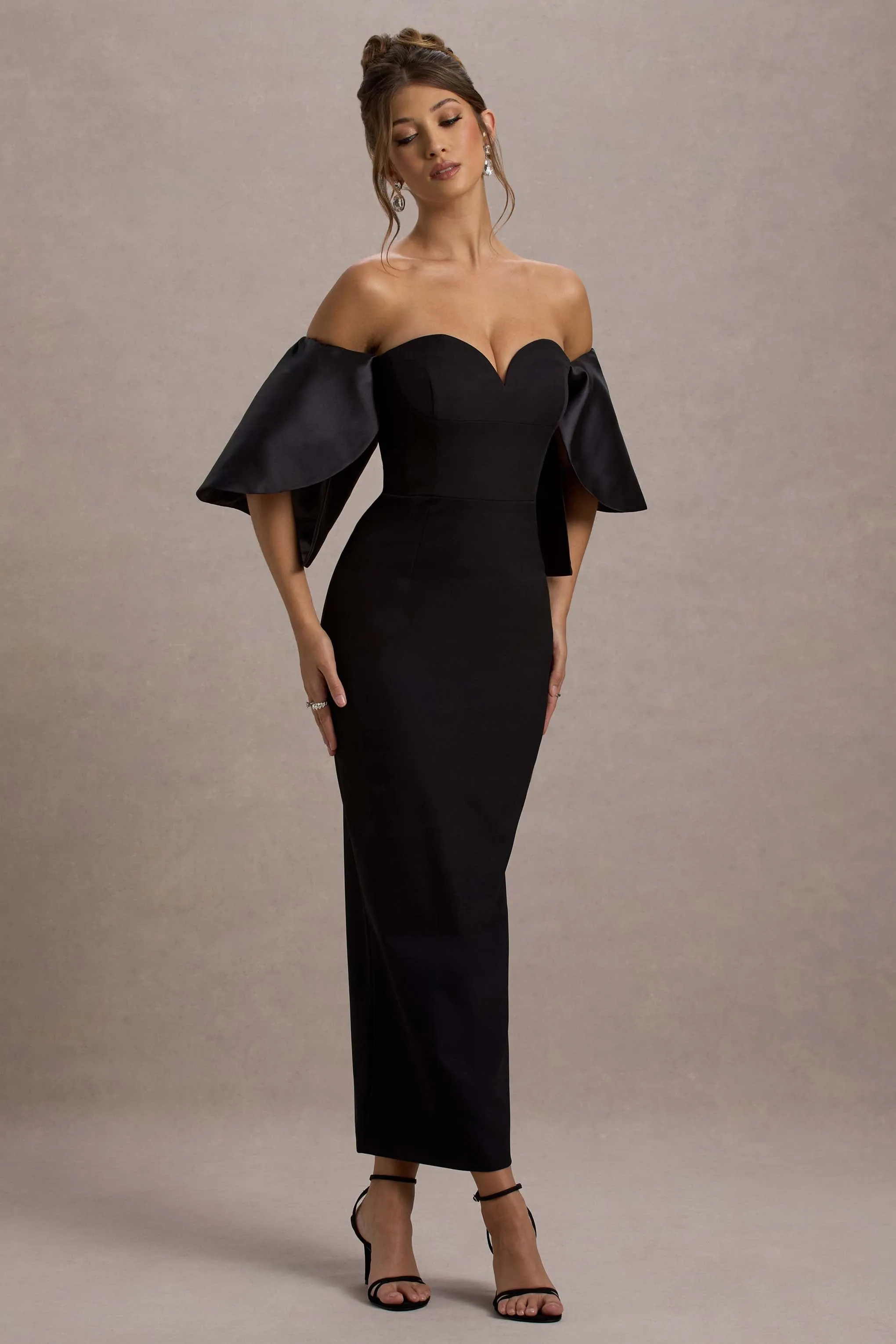 Dalani | Black Corset Maxi Dress With Satin Puff Sleeves