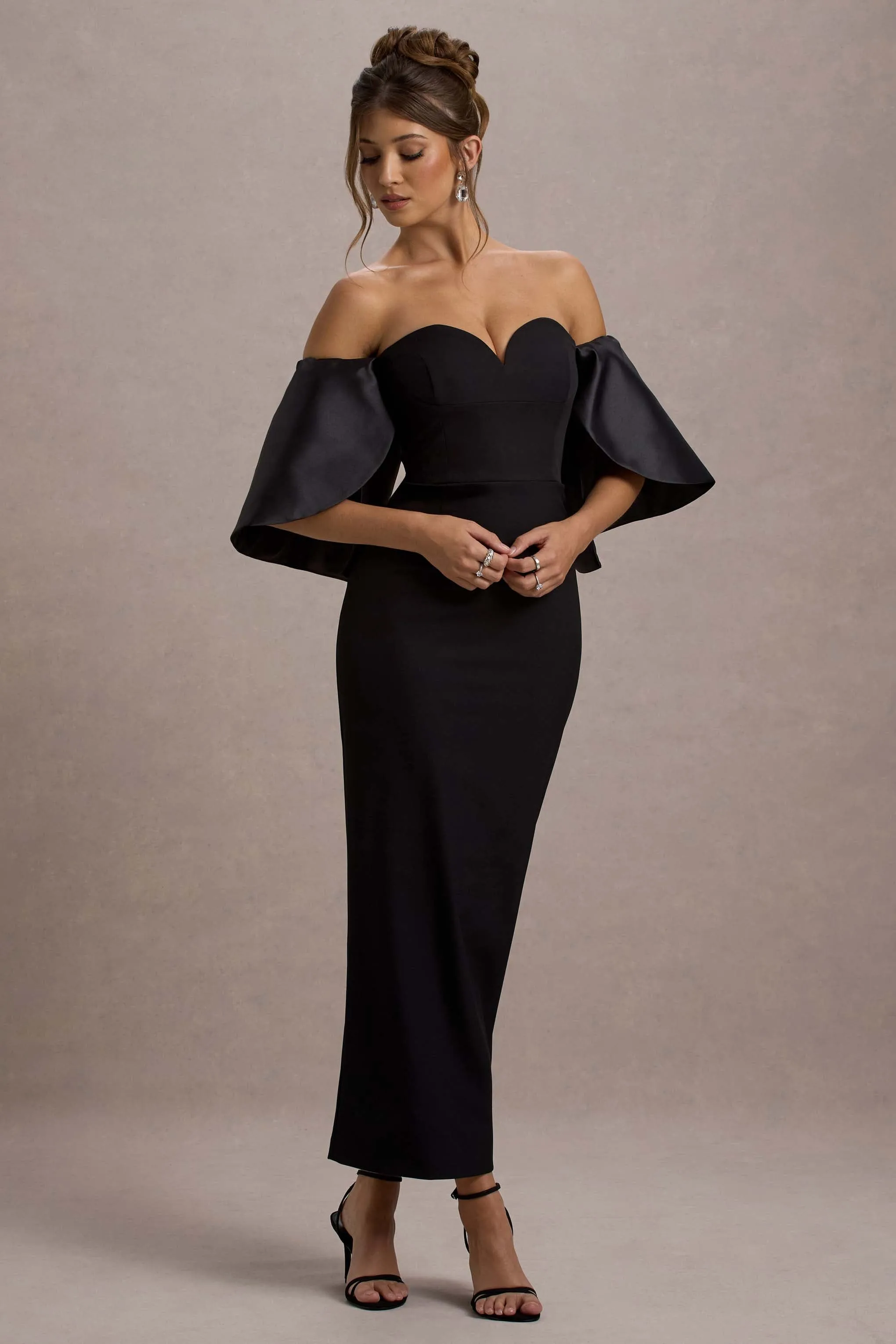 Dalani | Black Corset Maxi Dress With Satin Puff Sleeves