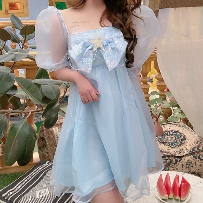 daughter of sea mesh dress short sleeve puff sleeve high waist dress