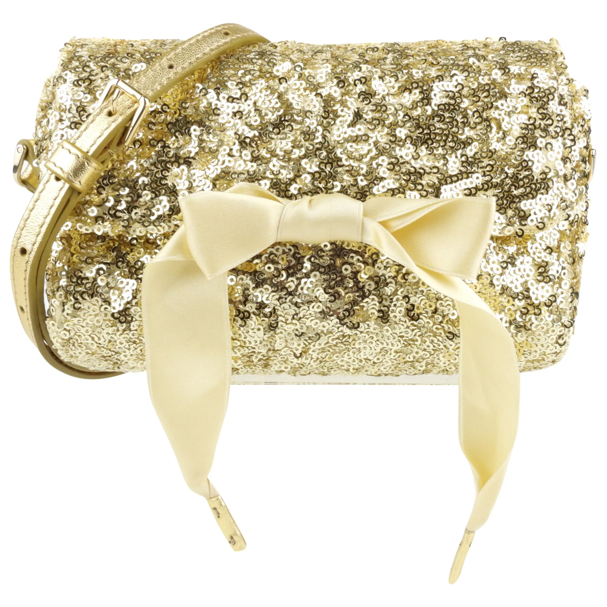 Dolce and Gabbana Gold Metallic Sequin Leather Bow Small Shoulder Flap Bag