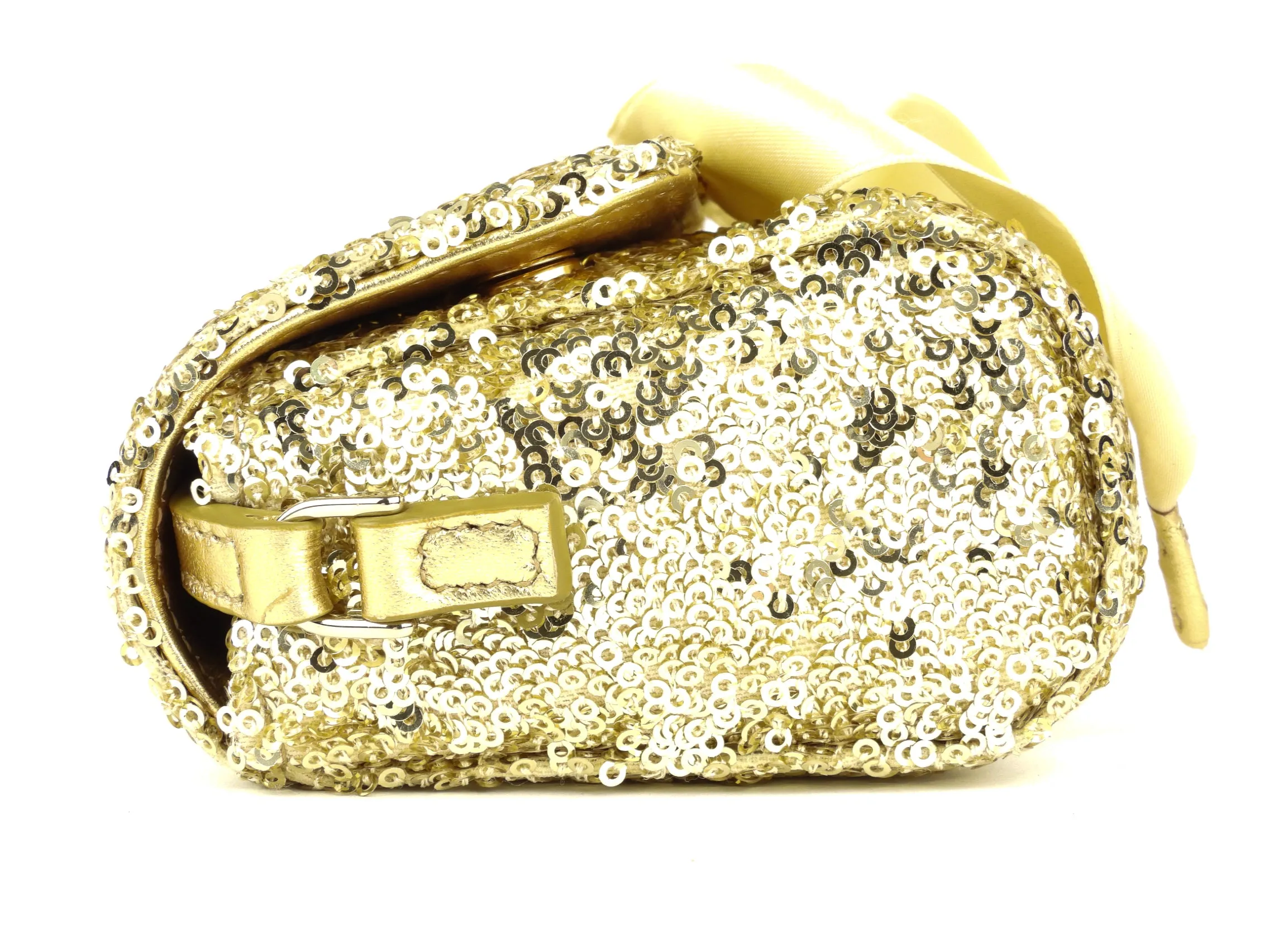 Dolce and Gabbana Gold Metallic Sequin Leather Bow Small Shoulder Flap Bag