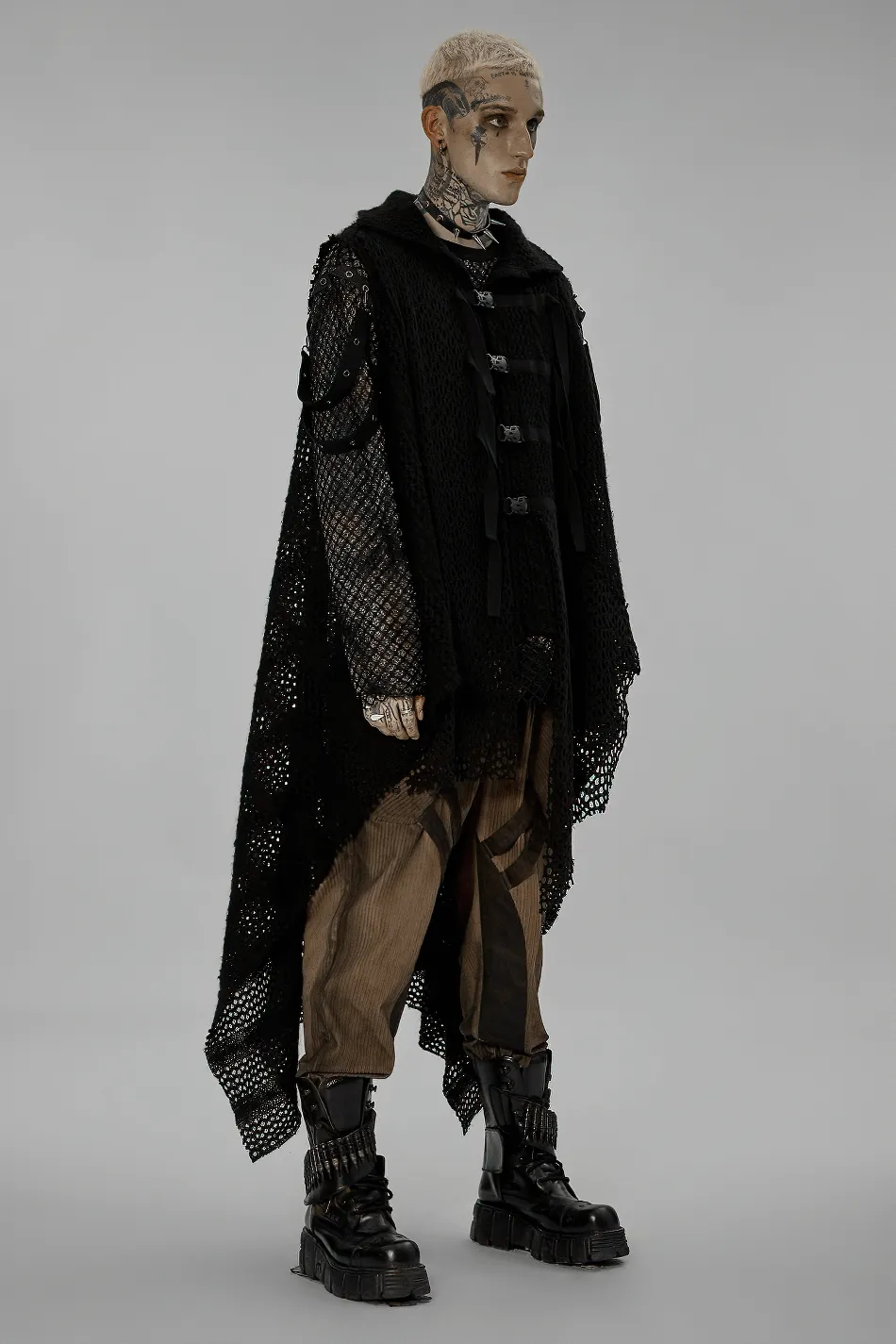 Edgy Post-Apocalyptic Knitted Gauze Spliced Cape