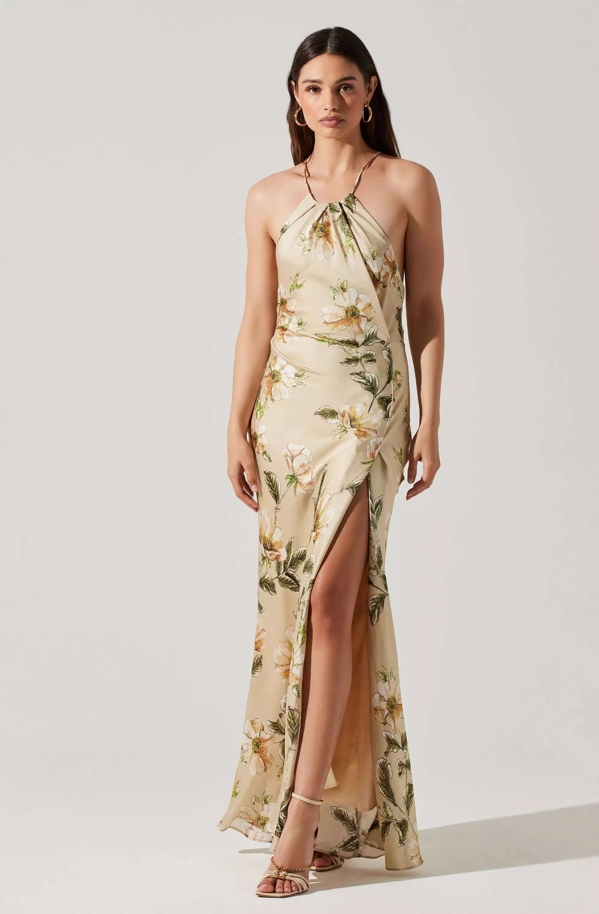 Elynor Satin Floral Halter Maxi Dress