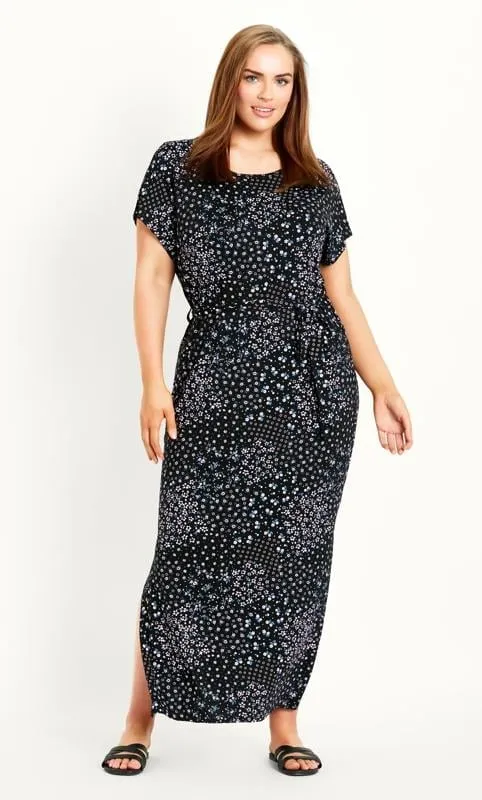 Evans Black Ditsy Floral Print Tie Waist Maxi Dress