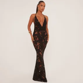 Extreme Cowl Neck Open Back Maxi Dress In Black Floral Devore