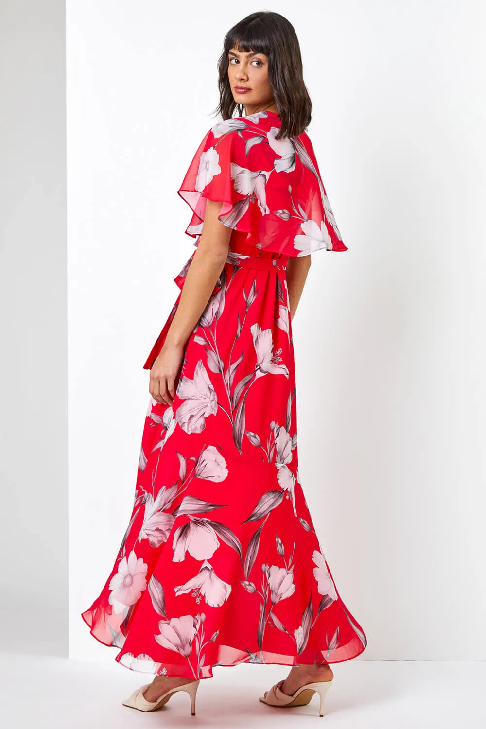 Floral Print Frill Cape Midi Dress in Pink - Roman Originals UK