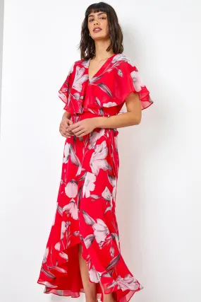 Floral Print Frill Cape Midi Dress in Pink - Roman Originals UK