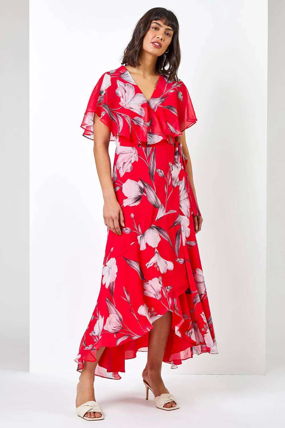 Floral Print Frill Cape Midi Dress in Pink - Roman Originals UK