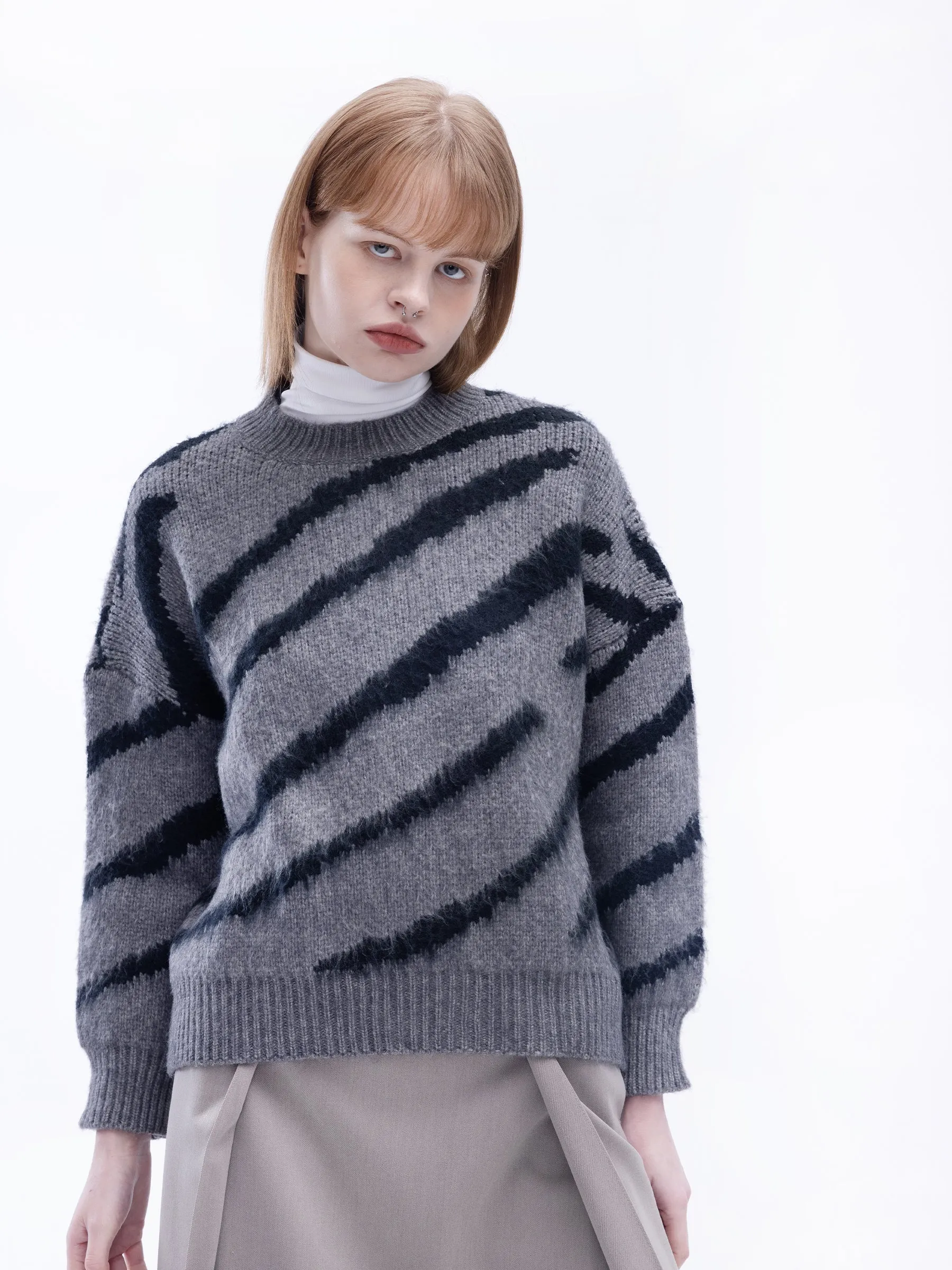 Fluffy Mock Neck Zebra Sweater