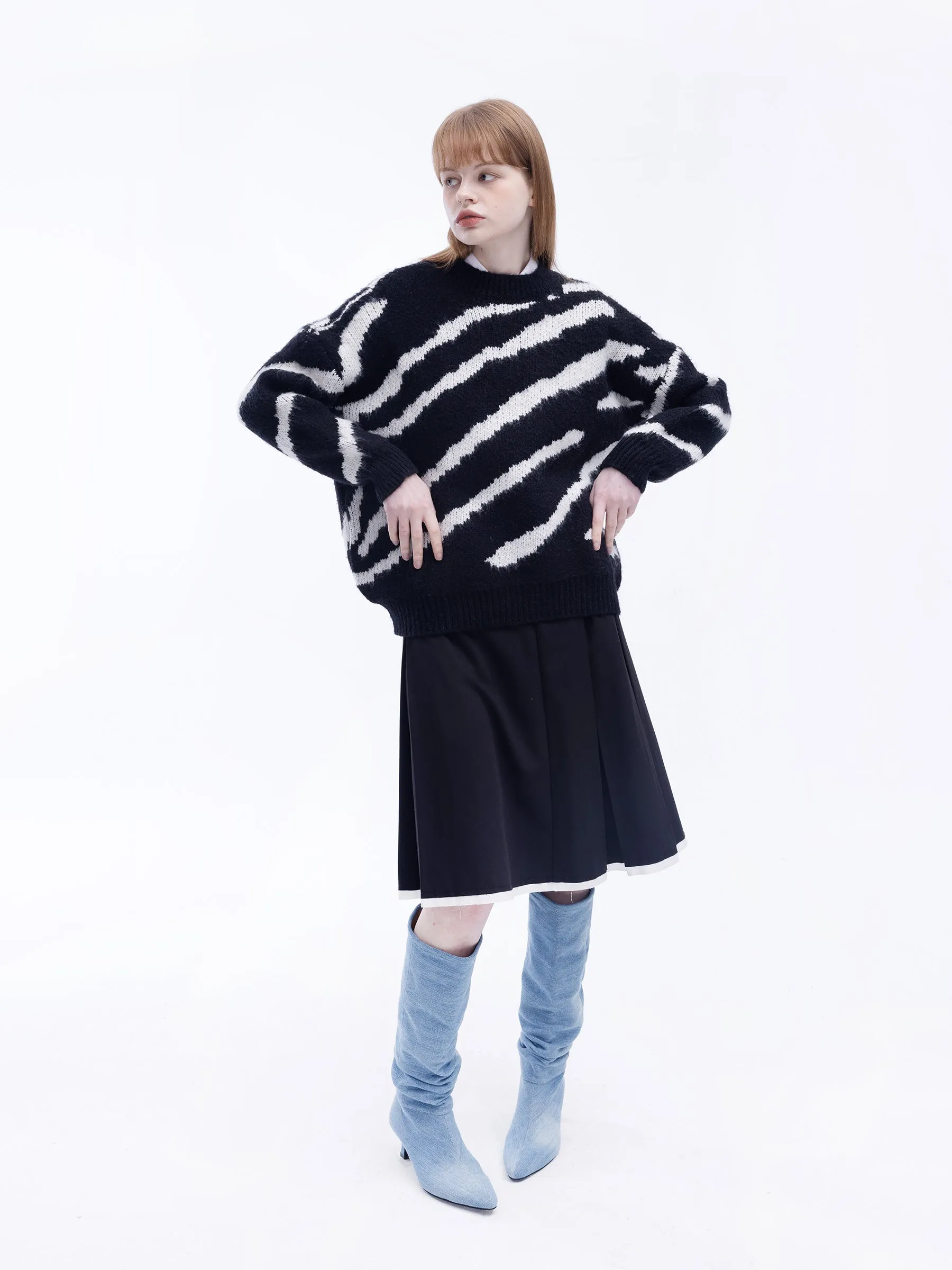 Fluffy Mock Neck Zebra Sweater