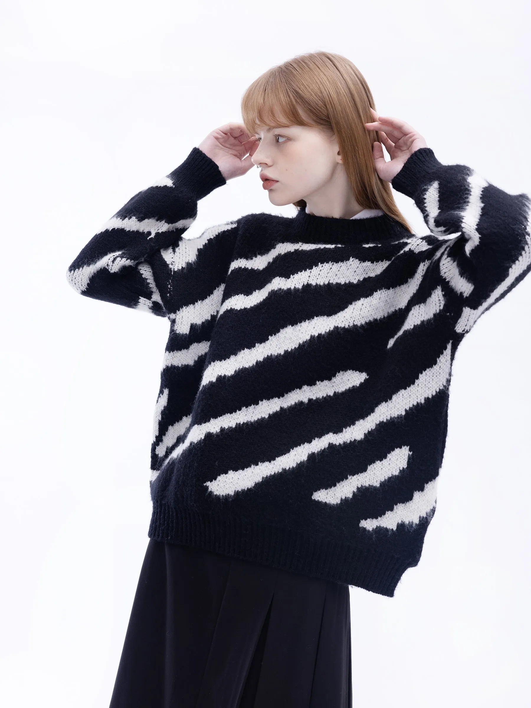 Fluffy Mock Neck Zebra Sweater