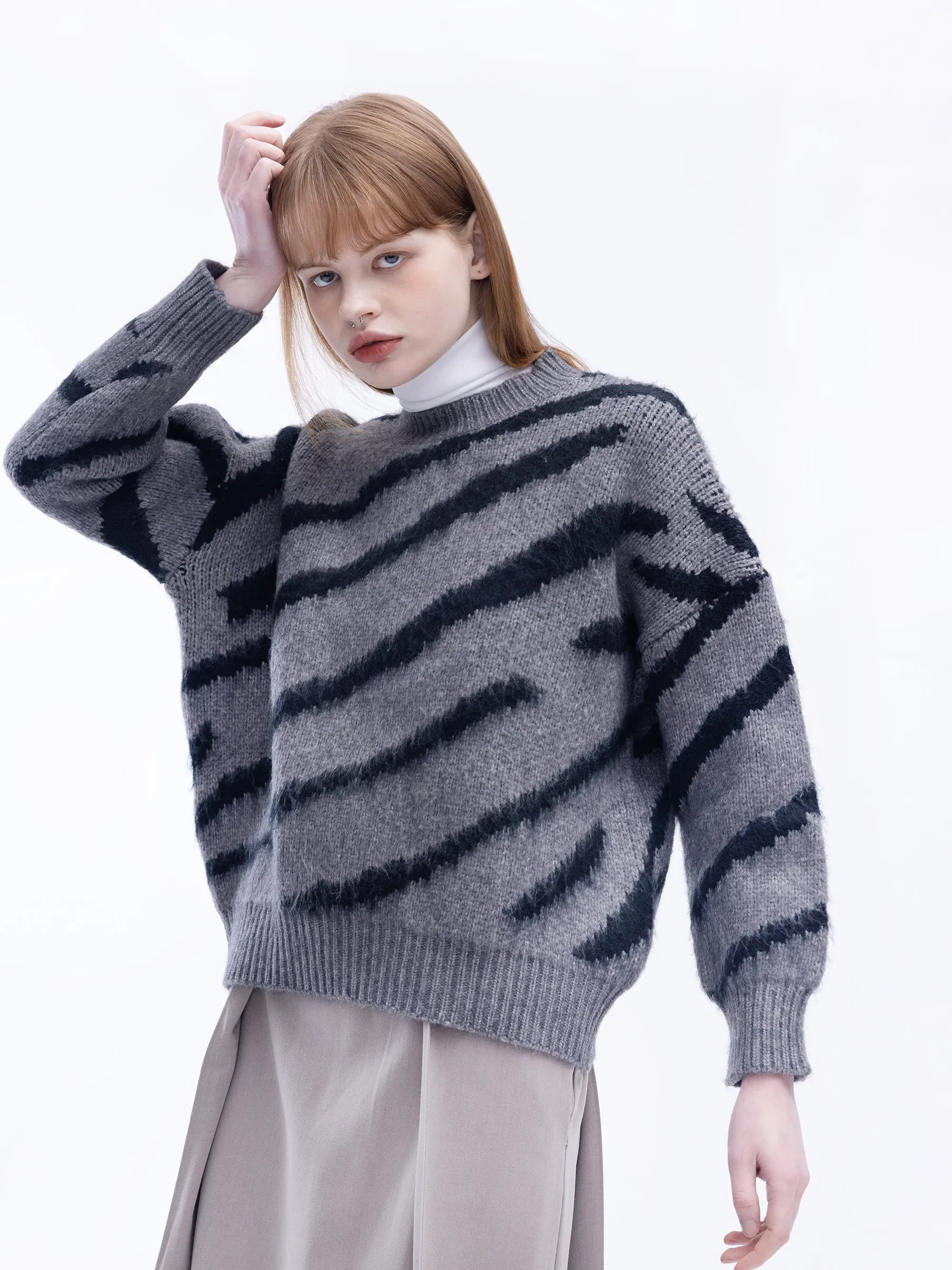 Fluffy Mock Neck Zebra Sweater