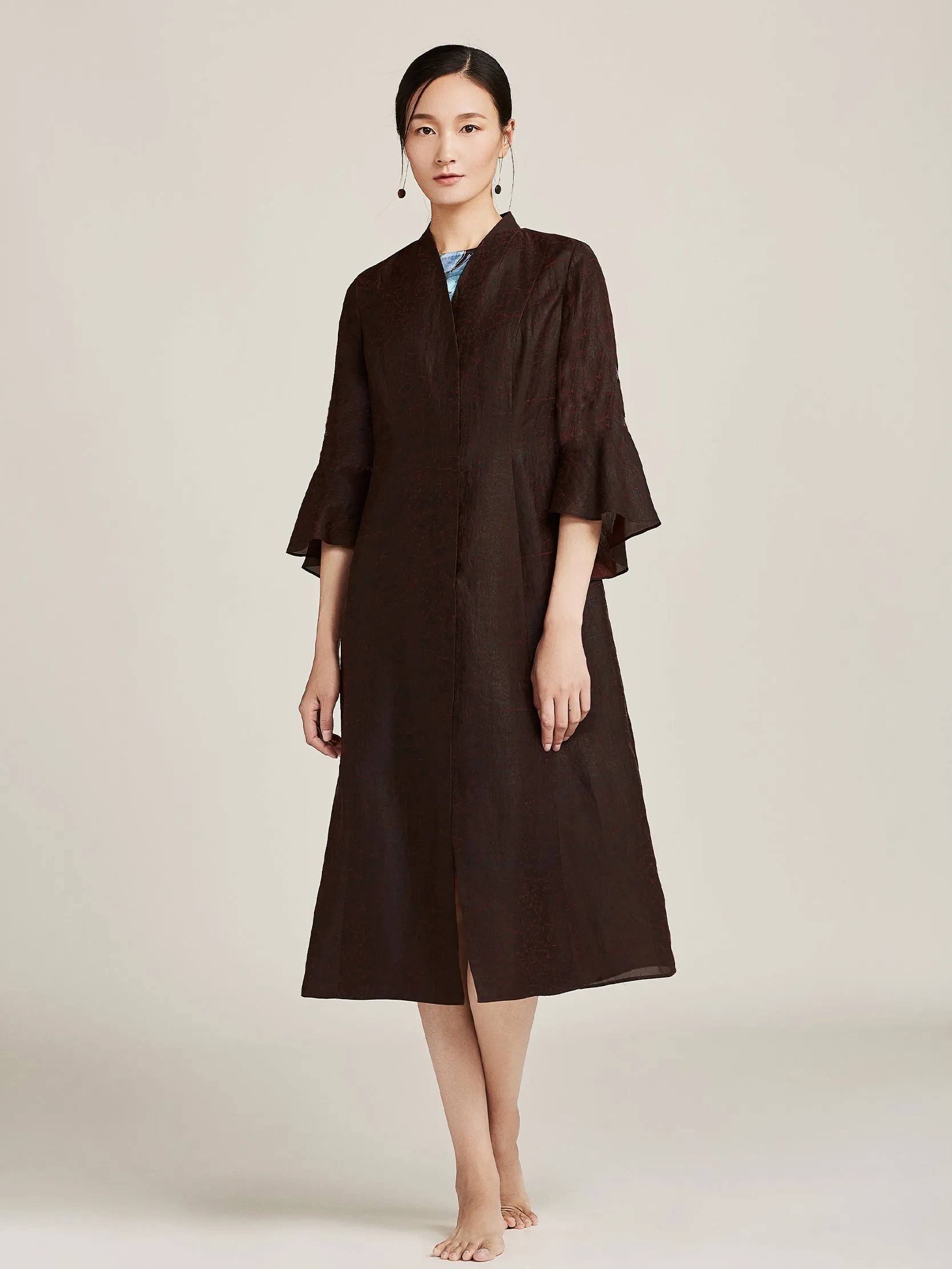 Gambiered Guangdong Silk Three-quarter Coat