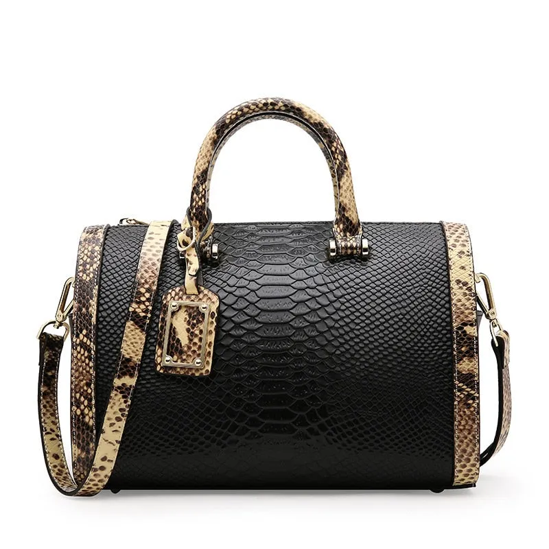 Genuine Leather Snake Pattern Portable Shoulder Messenger Large Capacity Women Boston Handbags