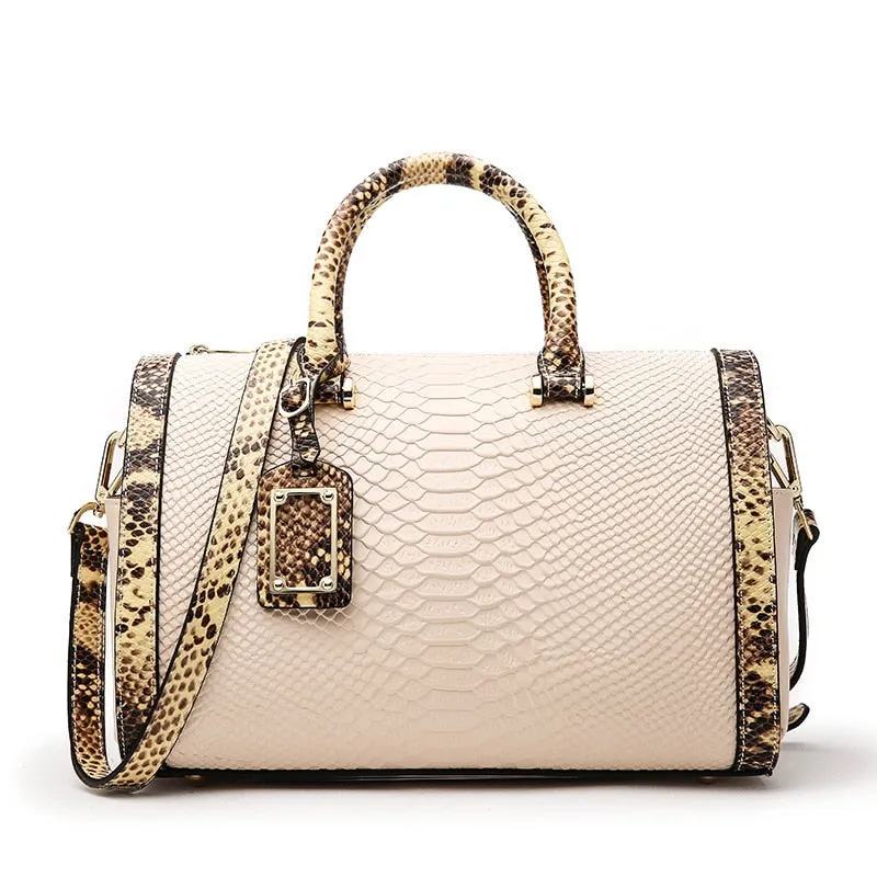 Genuine Leather Snake Pattern Portable Shoulder Messenger Large Capacity Women Boston Handbags