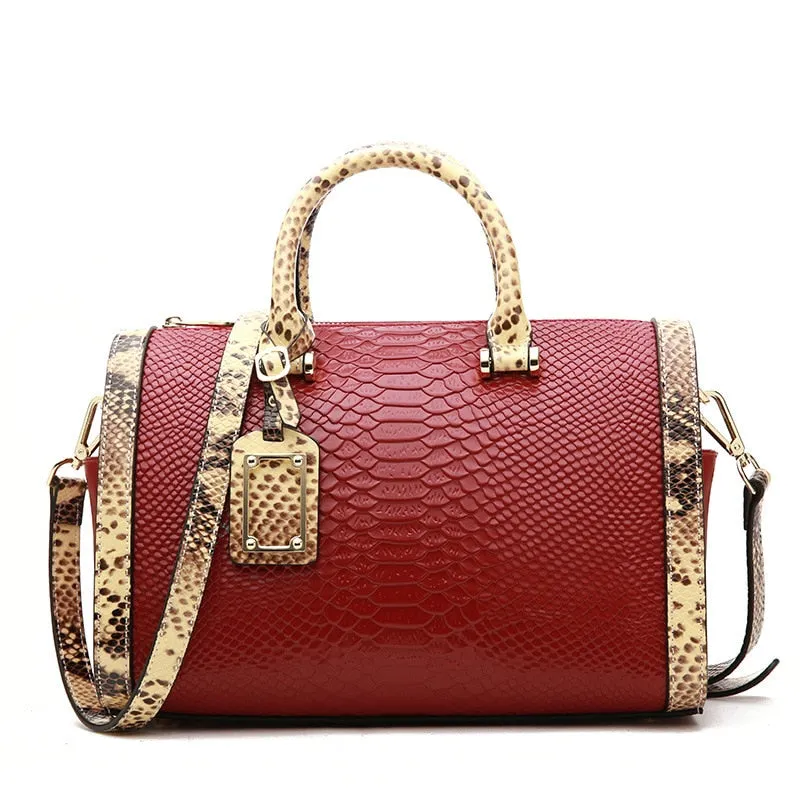 Genuine Leather Snake Pattern Portable Shoulder Messenger Large Capacity Women Boston Handbags