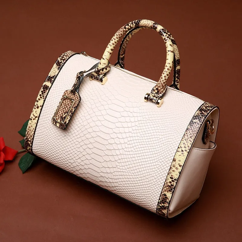 Genuine Leather Snake Pattern Portable Shoulder Messenger Large Capacity Women Boston Handbags