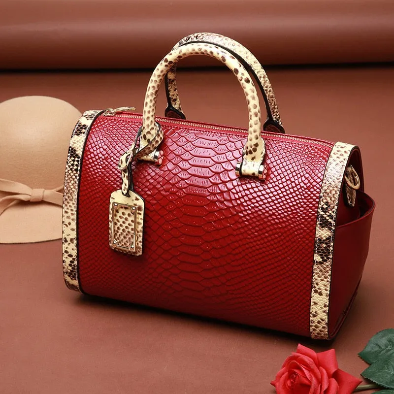 Genuine Leather Snake Pattern Portable Shoulder Messenger Large Capacity Women Boston Handbags