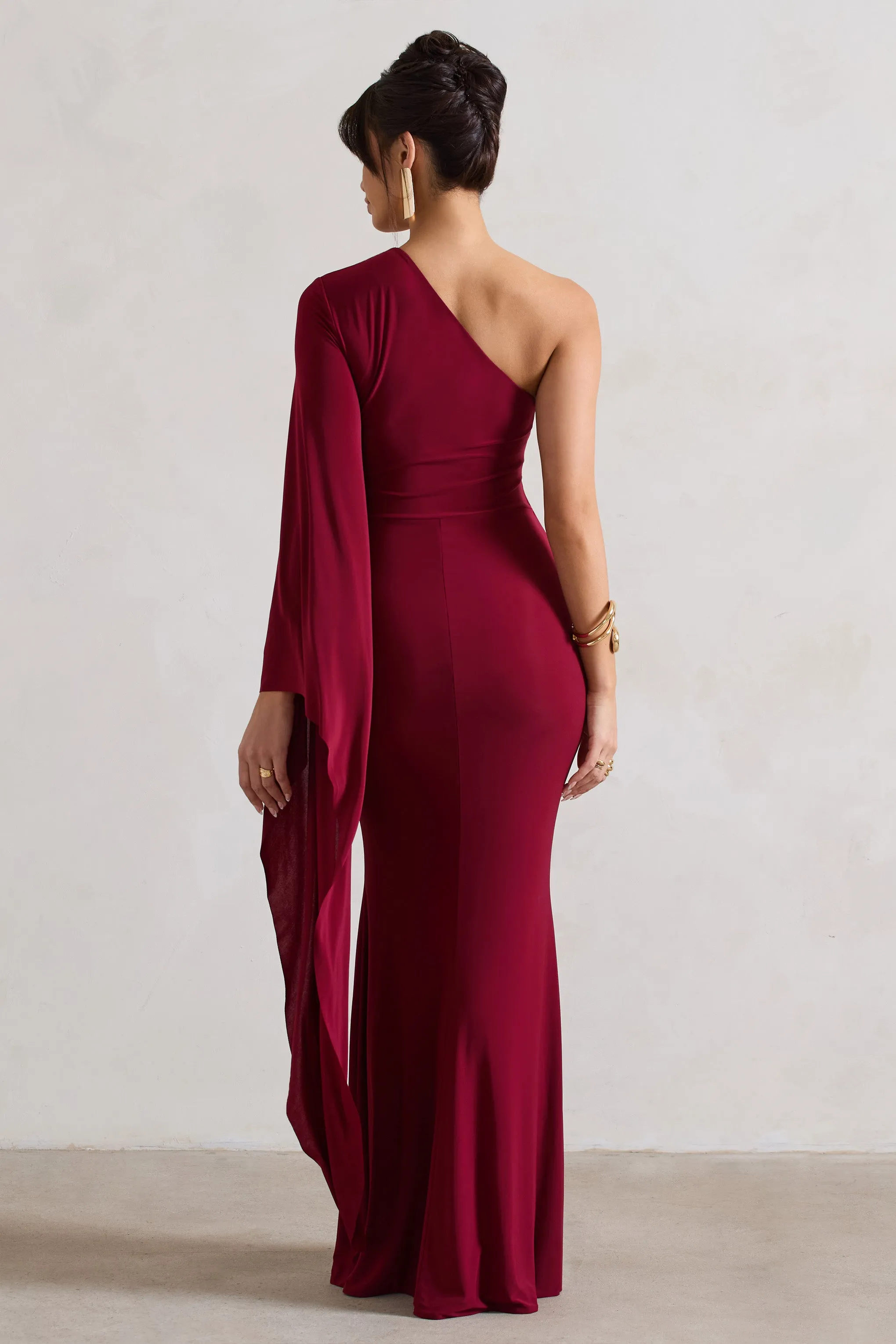 Giada | Berry Ruched One Shoulder Cape Sleeve Maxi Dress