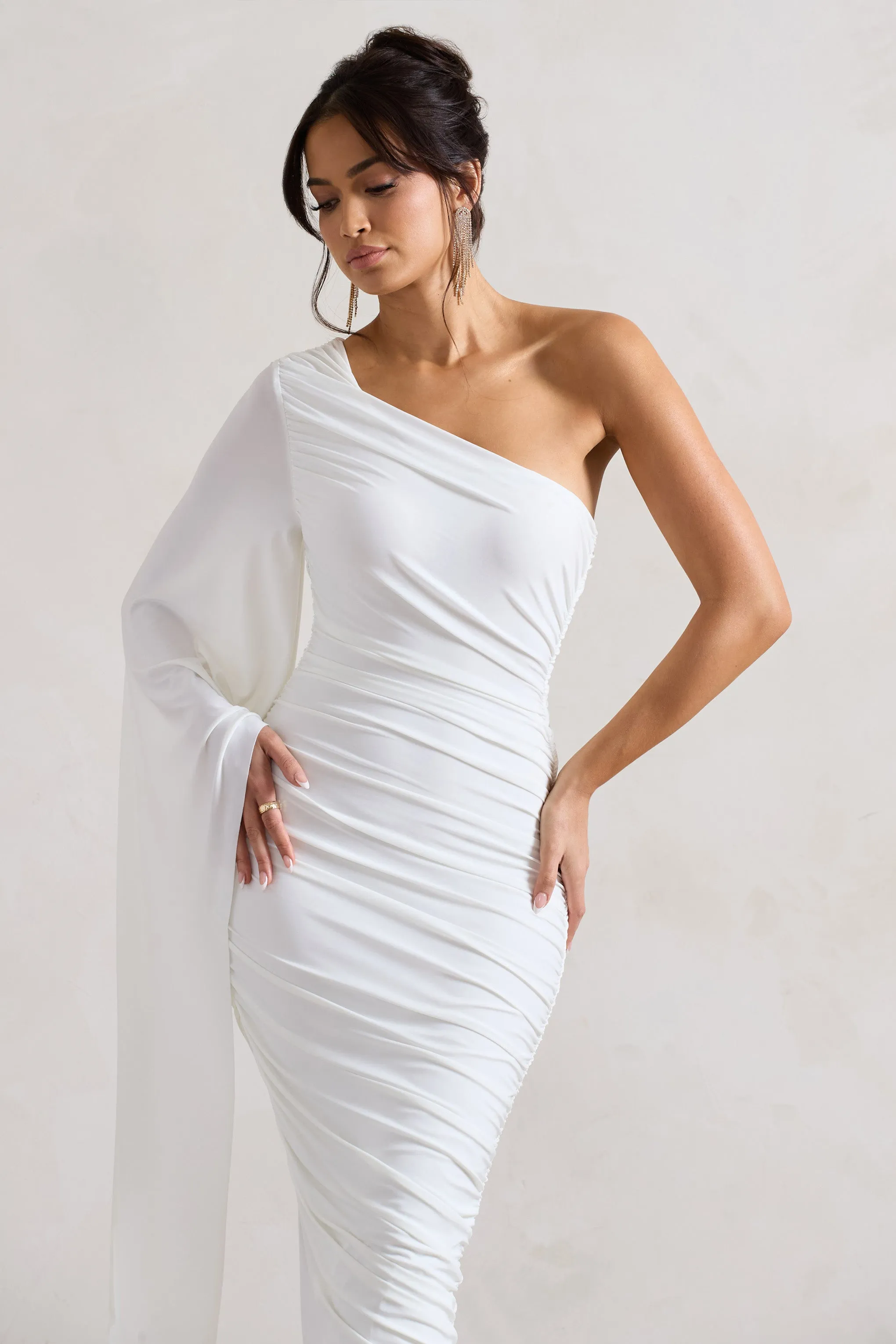 Halsey | White Ruched One Shoulder Cape Sleeve Asymmetric Midi Dress