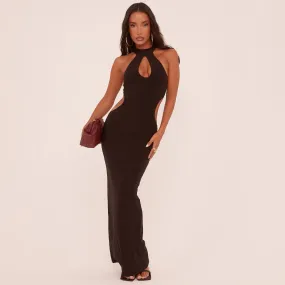 Halterneck Keyhole Cut Out Maxi Dress In Black Slinky